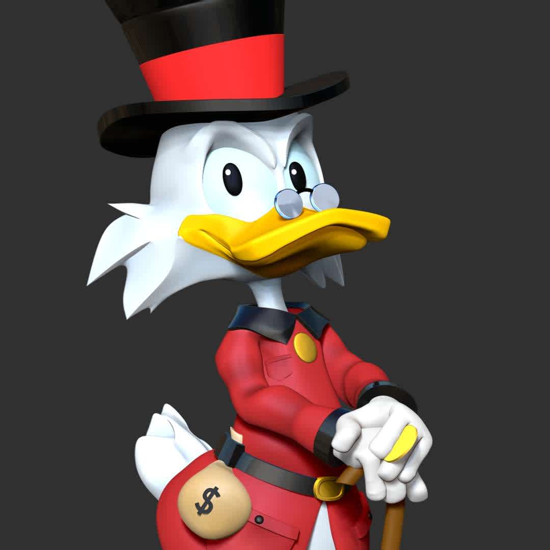 Scrooge McDuck  - Scrooge McDuck (also known as Uncle Scrooge) is an anthropomorphic Scottish duck created by Carl Barks.

Basic parameters:

- STL format for 3D printing with 06 discrete objects
- Model height: 20cm
- Version 1.0 - Polygons: 1647106 & Vertices: 922519

Model ready for 3D printing.

Please vote positively for me if you find this model useful. - The best files for 3D printing in the world. Stl models divided into parts to facilitate 3D printing. All kinds of characters, decoration, cosplay, prosthetics, pieces. Quality in 3D printing. Affordable 3D models. Low cost. Collective purchases of 3D files.