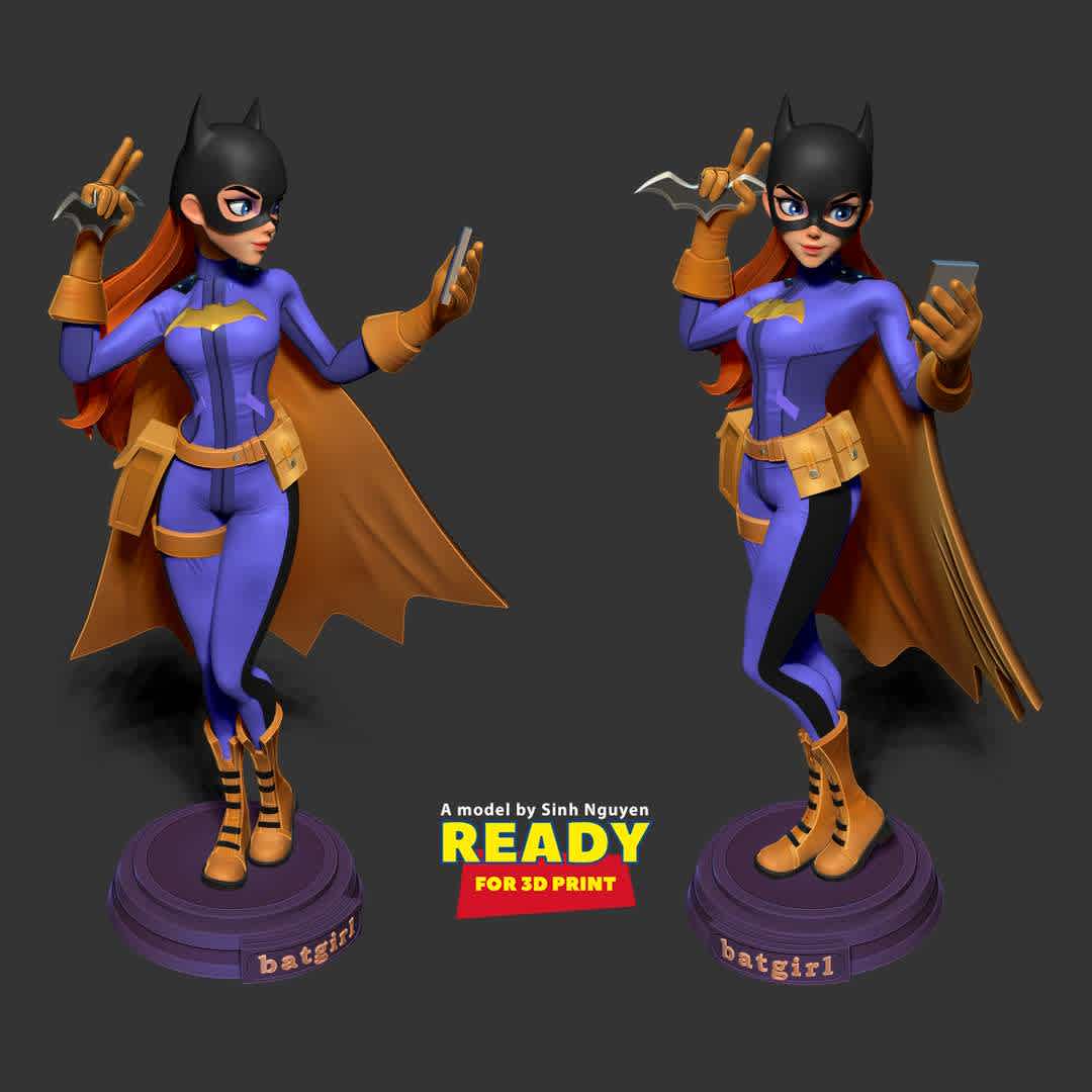 Selfie Batgirl  - Batgirl also likes to look good on social media.

Information: this model has a height of 30cm.

When you purchase this model, you will own:

STL, OBJ file with 07 separated files (with key to connect together) is ready for 3D printing.

Zbrush original files (ZTL) for you to customize as you like.

This is version 1.0 of this model.

Hope you like her. Please vote positively for me if it is useful to you. Thanks so much!!!! - The best files for 3D printing in the world. Stl models divided into parts to facilitate 3D printing. All kinds of characters, decoration, cosplay, prosthetics, pieces. Quality in 3D printing. Affordable 3D models. Low cost. Collective purchases of 3D files.