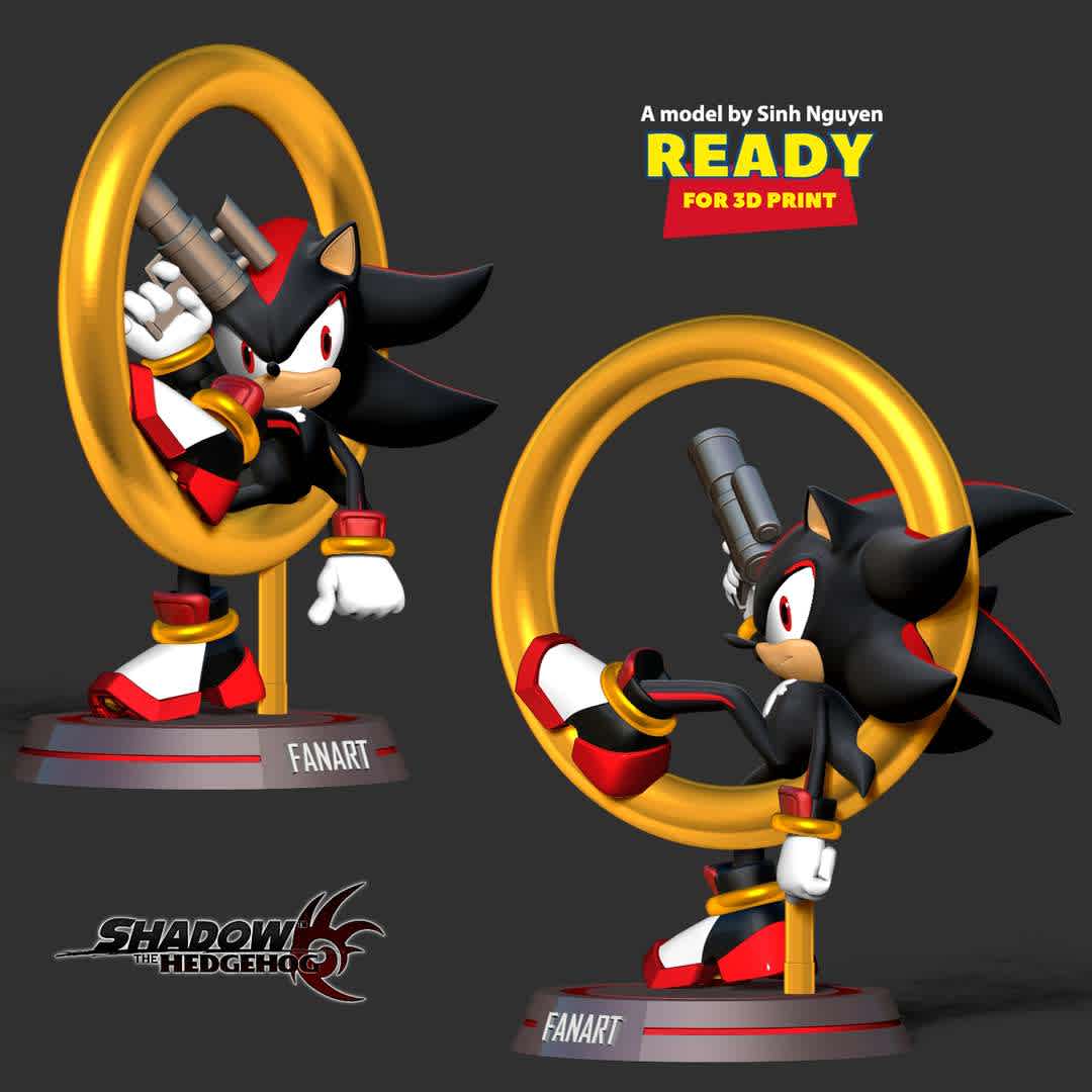 Shadow - Sonic the Hedgehog 2 Fanart - "Shadow appears in the final scene of Sonic the Hedgehog 2. So there will be a very attractive part 3 of the series about these hedgehogs."

- STL, OBJ format for 3D printing with 07 discrete objects
- Model height: 20cm
- Version: Polygons: 3244176 & Vertices: 1883286

+3rd June, 2022: version 1.0

+13th November, 2023: version 1.1 - Re-divide the parts appropriately to facilitate printing.

Model ready for 3D printing.

Please vote positively for me if you find this model useful. - The best files for 3D printing in the world. Stl models divided into parts to facilitate 3D printing. All kinds of characters, decoration, cosplay, prosthetics, pieces. Quality in 3D printing. Affordable 3D models. Low cost. Collective purchases of 3D files.