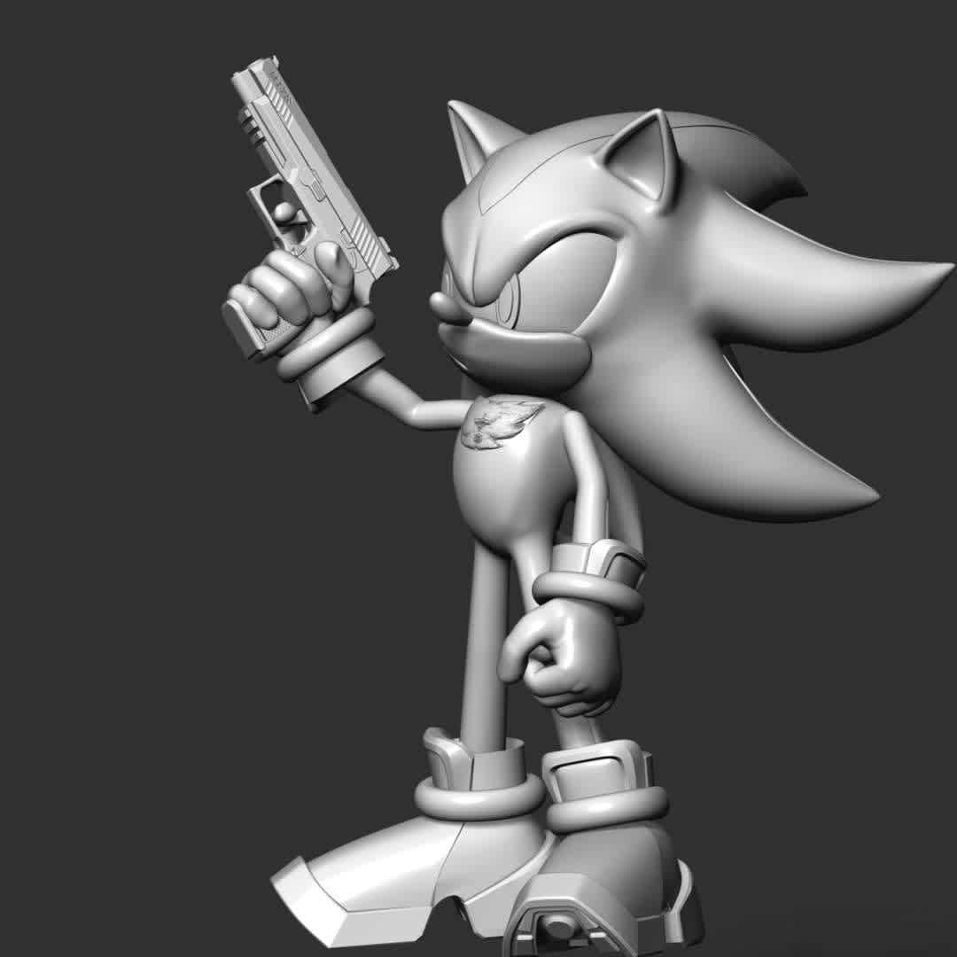 Shadow - Sonic The Hedgehog - Shadow the Hedgehog is a character appearing in Sega's Sonic the Hedgehog franchise. Shadow was created by Takashi Iizuka and Shiro Maekawa, and debuted in Sonic Adventure 2. Although this was intended to be his only appearance, Shadow proved so popular among fans that developer Sonic Team decided to include him in Sonic Heroes (2003). Shadow has since featured in numerous entries in the franchise, including the spin-off Shadow the Hedgehog (2005). He also appears in Sonic film and television adaptations, comics, and merchandise.

These information details of this model:

 - Files format: STL, OBJ (included 07 separated files is ready for 3D printing). 
 - Zbrush original file (ZTL) for you to customize as you like.
 - The height is 18 cm
 - Parammeter: Polygons: 1303228 & Vertices: 703578
 - The version 1.0. 

Hope you like it.
Don't hesitate to contact me if there are any problems during printing the model - Os melhores arquivos para impressão 3D do mundo. Modelos stl divididos em partes para facilitar a impressão 3D. Todos os tipos de personagens, decoração, cosplay, próteses, peças. Qualidade na impressão 3D. Modelos 3D com preço acessível. Baixo custo. Compras coletivas de arquivos 3D.