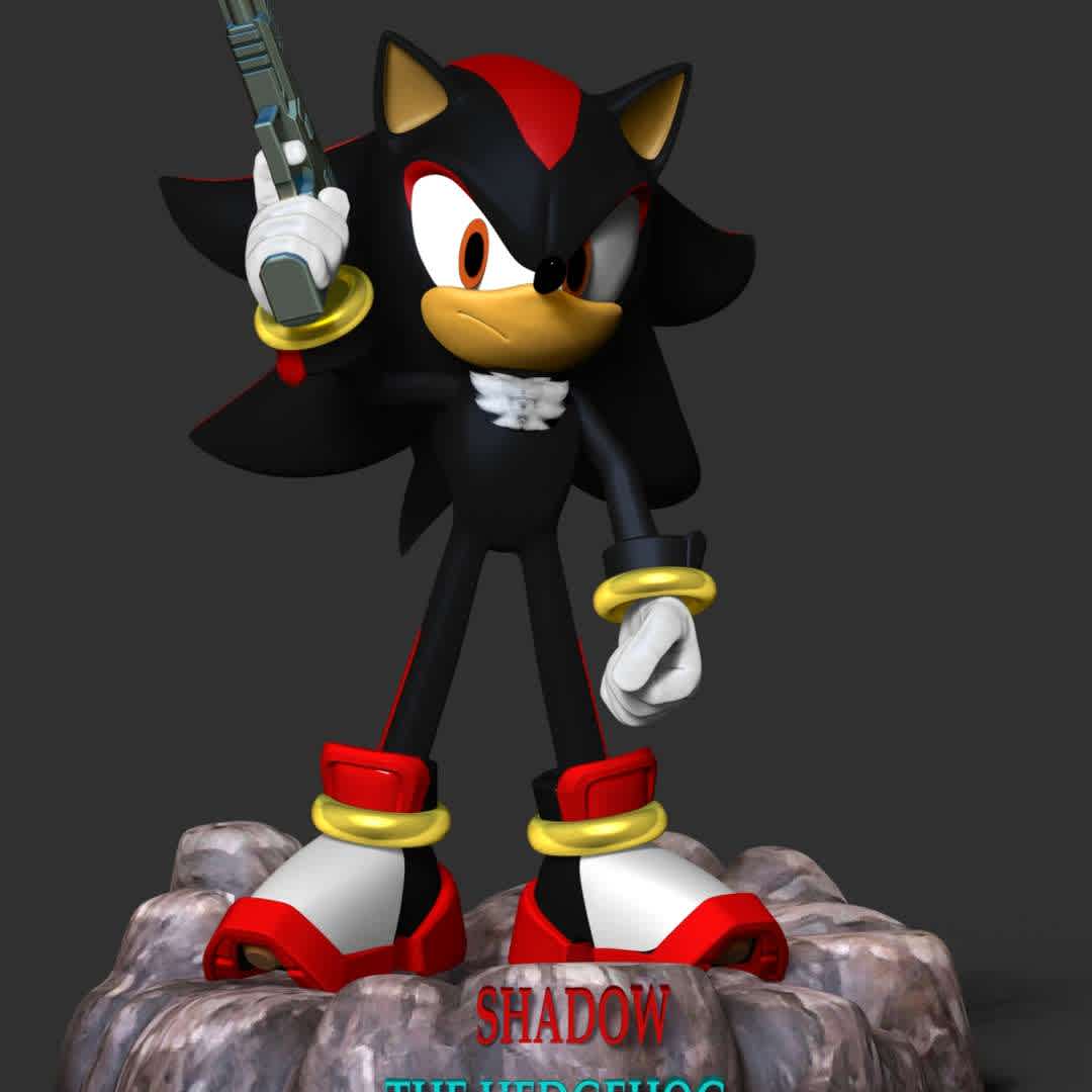 Shadow - Sonic The Hedgehog - Shadow the Hedgehog is a character appearing in Sega's Sonic the Hedgehog franchise. Shadow was created by Takashi Iizuka and Shiro Maekawa, and debuted in Sonic Adventure 2. Although this was intended to be his only appearance, Shadow proved so popular among fans that developer Sonic Team decided to include him in Sonic Heroes (2003). Shadow has since featured in numerous entries in the franchise, including the spin-off Shadow the Hedgehog (2005). He also appears in Sonic film and television adaptations, comics, and merchandise.

These information details of this model:

 - Files format: STL, OBJ (included 07 separated files is ready for 3D printing). 
 - Zbrush original file (ZTL) for you to customize as you like.
 - The height is 18 cm
 - Parammeter: Polygons: 1303228 & Vertices: 703578
 - The version 1.0. 

Hope you like it.
Don't hesitate to contact me if there are any problems during printing the model - Os melhores arquivos para impressão 3D do mundo. Modelos stl divididos em partes para facilitar a impressão 3D. Todos os tipos de personagens, decoração, cosplay, próteses, peças. Qualidade na impressão 3D. Modelos 3D com preço acessível. Baixo custo. Compras coletivas de arquivos 3D.