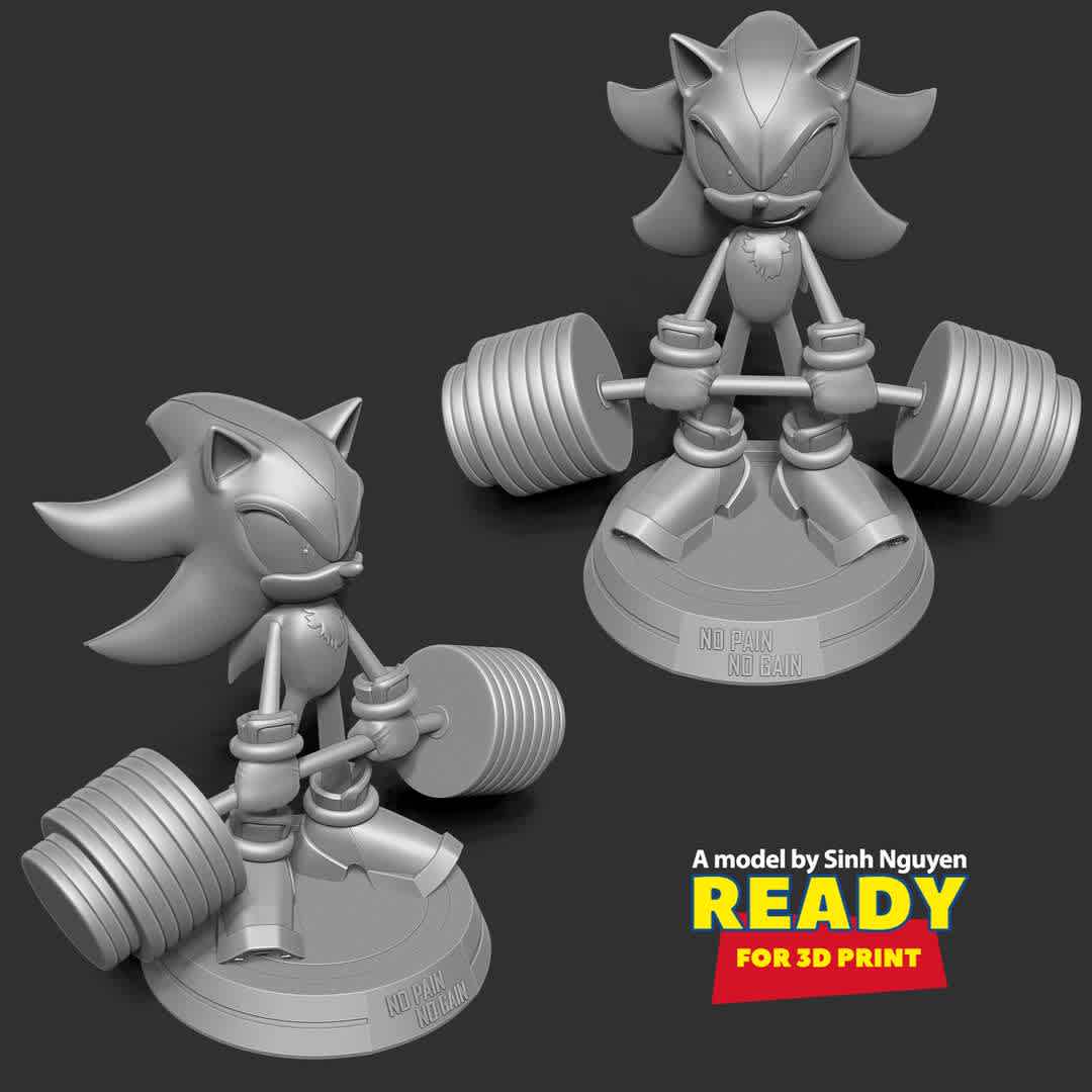 Shadow the Hedgehog lifting weights - Everyone has to go to weightlifting :)

--Information: this model has a height of 18cm.

When you purchase this model, you will own:

01. STL, OBJ file with 04 separated files (with key to connect together) is ready for 3D printing.

02. Zbrush original files (ZTL) for you to customize as you like.

This is version 1.0 of this model.

Hope you like him. Please vote positively for me if it is useful to you. Thanks so much!!!! - Os melhores arquivos para impressão 3D do mundo. Modelos stl divididos em partes para facilitar a impressão 3D. Todos os tipos de personagens, decoração, cosplay, próteses, peças. Qualidade na impressão 3D. Modelos 3D com preço acessível. Baixo custo. Compras coletivas de arquivos 3D.