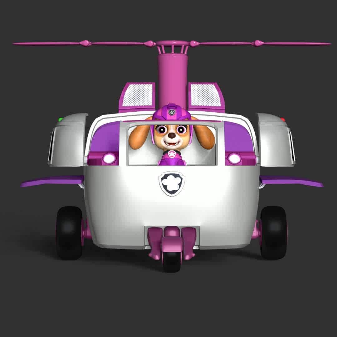 Skye Helicopter - Paw Patrol - Skye Helicopter - Paw Patrol

Skye is a female cockapoo (cocker spaniel/poodle mix) and one of the main protagonists in the PAW Patrol series. She is the first female member of the PAW Patrol, with the second being Everest. Her primary purpose is to keep a close eye on emergencies from above using her helicopter, and using her helicopter's grappling hook to save people and transport the team members from place to place if necessary.

These information of this model:

 - Files format: STL, OBJ (included 06 separated files is ready for 3D printing). 
 - Zbrush original file (ZTL) for you to customize as you like.
 - The height is 25 cm
 - The version 1.0. 

The model ready for 3D printing.
Hope you like her.
Don't hesitate to contact me if there are any problems during printing the model - The best files for 3D printing in the world. Stl models divided into parts to facilitate 3D printing. All kinds of characters, decoration, cosplay, prosthetics, pieces. Quality in 3D printing. Affordable 3D models. Low cost. Collective purchases of 3D files.