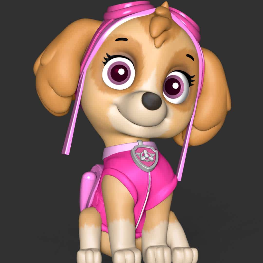 Skye  - Skye is a female cockapoo (cocker spaniel/poodle mix) and one of the main protagonists in the PAW Patrol series. She is the first female member of the PAW Patrol, with the second being Everest. Her primary purpose is to keep a close eye on emergencies from above using her helicopter, and using her helicopter's grappling hook to save people and transport the team members from place to place if necessary.


**These information of this model:**

 - Files format: STL, OBJ (included 03 separated files is ready for 3D printing). 
 - Zbrush original file (ZTL) for you to customize as you like.
 - The height is 20 cm
 - The version 1.0. 

The model ready for 3D printing.
Hope you like it.

Don't hesitate to contact me if there are any problems during printing the model. - Los mejores archivos para impresión 3D del mundo. Modelos Stl divididos en partes para facilitar la impresión 3D. Todo tipo de personajes, decoración, cosplay, prótesis, piezas. Calidad en impresión 3D. Modelos 3D asequibles. Bajo costo. Compras colectivas de archivos 3D.