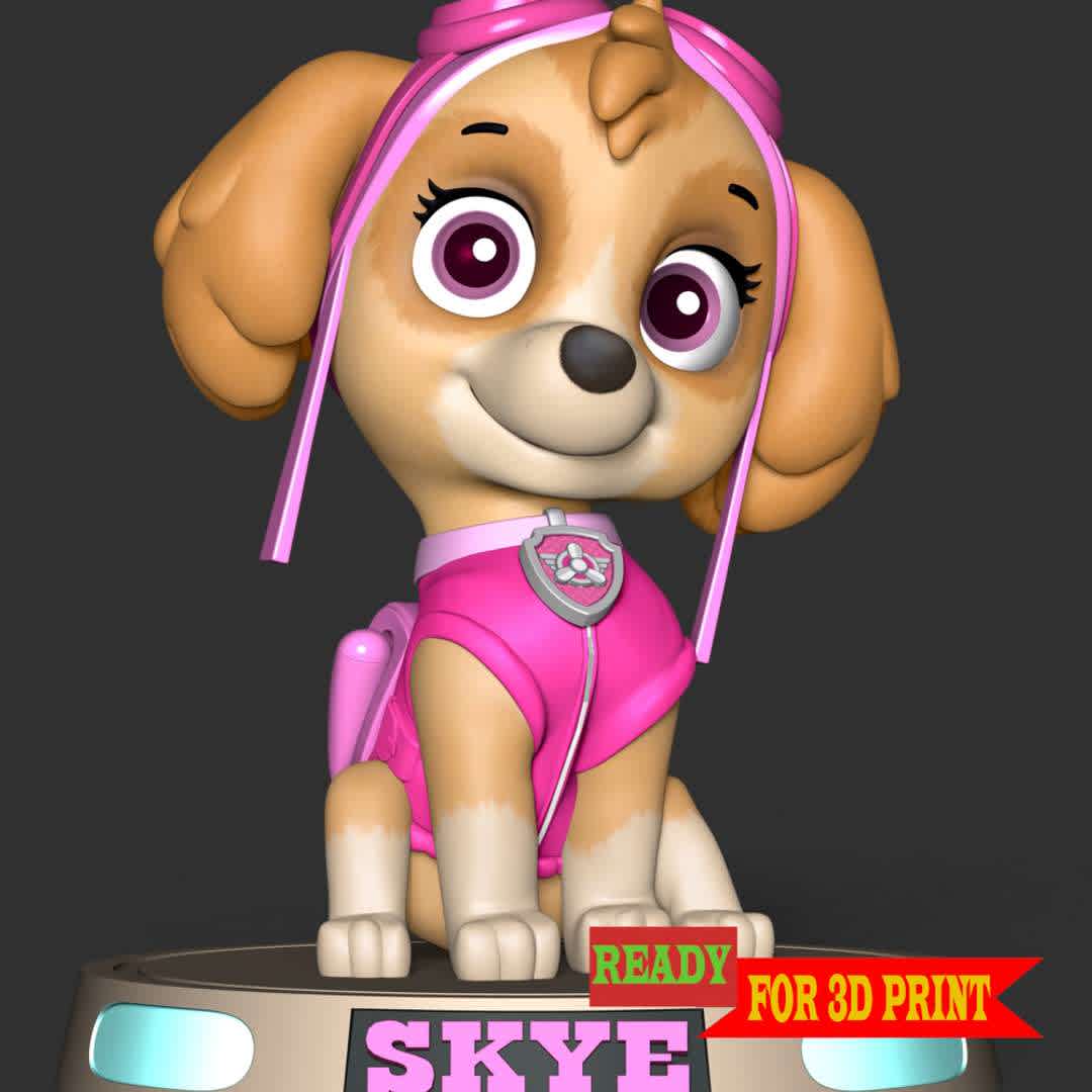 Skye  - Skye is a female cockapoo (cocker spaniel/poodle mix) and one of the main protagonists in the PAW Patrol series. She is the first female member of the PAW Patrol, with the second being Everest. Her primary purpose is to keep a close eye on emergencies from above using her helicopter, and using her helicopter's grappling hook to save people and transport the team members from place to place if necessary.


**These information of this model:**

 - Files format: STL, OBJ (included 03 separated files is ready for 3D printing). 
 - Zbrush original file (ZTL) for you to customize as you like.
 - The height is 20 cm
 - The version 1.0. 

The model ready for 3D printing.
Hope you like it.

Don't hesitate to contact me if there are any problems during printing the model. - The best files for 3D printing in the world. Stl models divided into parts to facilitate 3D printing. All kinds of characters, decoration, cosplay, prosthetics, pieces. Quality in 3D printing. Affordable 3D models. Low cost. Collective purchases of 3D files.