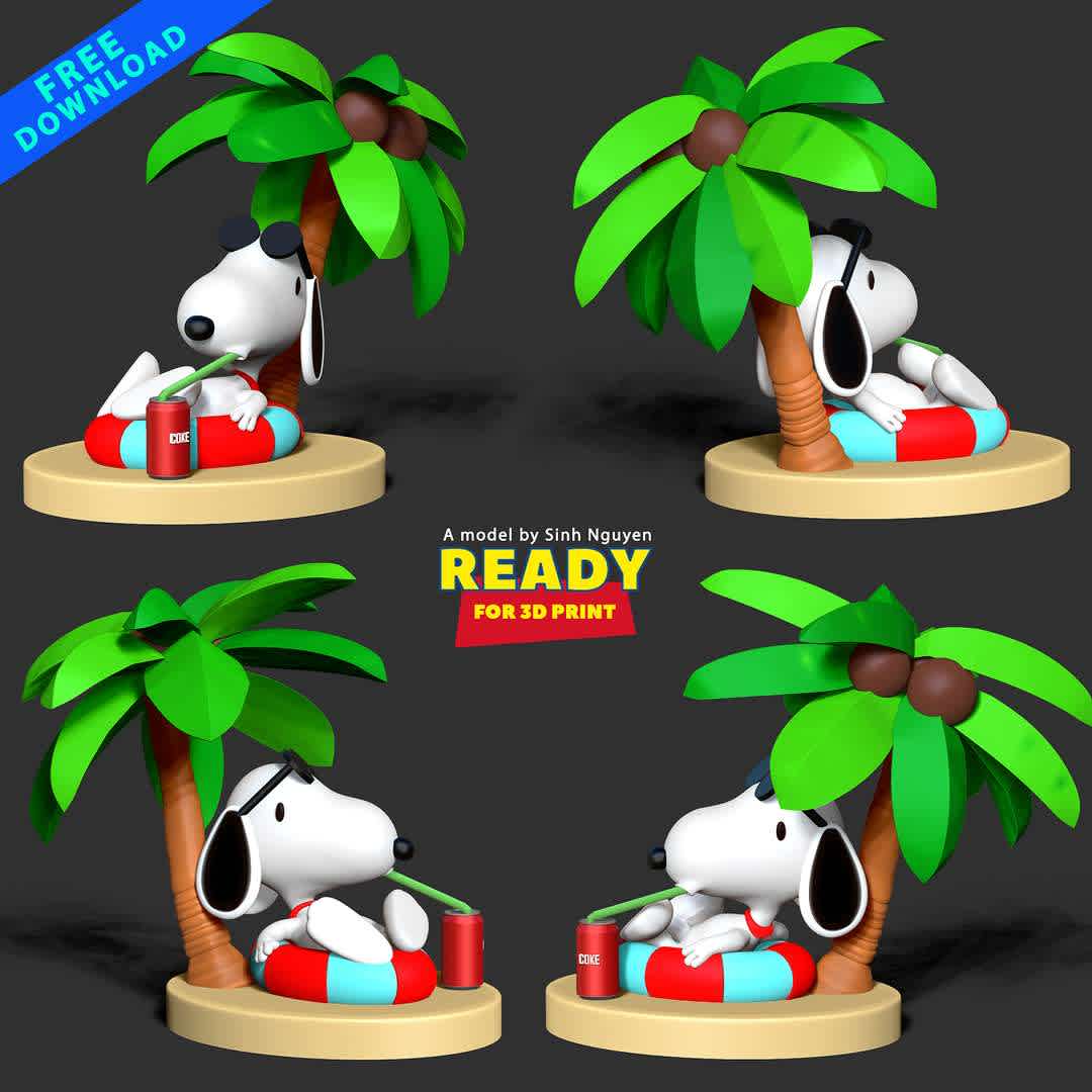 Snoopy at the beach - "Summer is here, let's go to the beach!"

Basic parameters:

- STL format for 3D printing with 05 discrete objects
- Model height: 15cm
- Version 1.0: Polygons: 1061896 & Vertices: 567175

Model ready for 3D printing.

Please vote positively for me if you find this model useful. - Los mejores archivos para impresión 3D del mundo. Modelos Stl divididos en partes para facilitar la impresión 3D. Todo tipo de personajes, decoración, cosplay, prótesis, piezas. Calidad en impresión 3D. Modelos 3D asequibles. Bajo costo. Compras colectivas de archivos 3D.