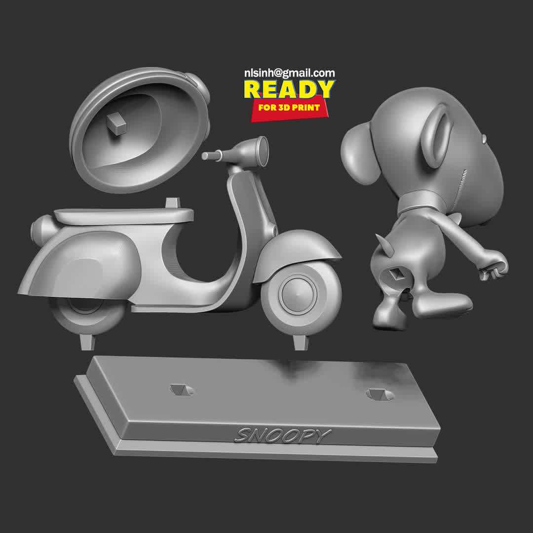 Snoopy Dog - Snoopy is a fictional character, the pet beagle of Charlie Brown in the comic strip Peanuts by Charles M. Schulz. He can also be found in all of the Peanuts movies and television specials.

When you purchase this model, you will own:

- OBJ, STL files are ready for 3D printing.

- Zbrush original files (ZTL) for you to customize as you like.

19th June, 2020: This is version 1.0 of this model.

26th August, 2021: version 1.1 - Merge the parts for neatness.

Thanks so much for viewing my model!

Hope you guys like him :) - Os melhores arquivos para impressão 3D do mundo. Modelos stl divididos em partes para facilitar a impressão 3D. Todos os tipos de personagens, decoração, cosplay, próteses, peças. Qualidade na impressão 3D. Modelos 3D com preço acessível. Baixo custo. Compras coletivas de arquivos 3D.