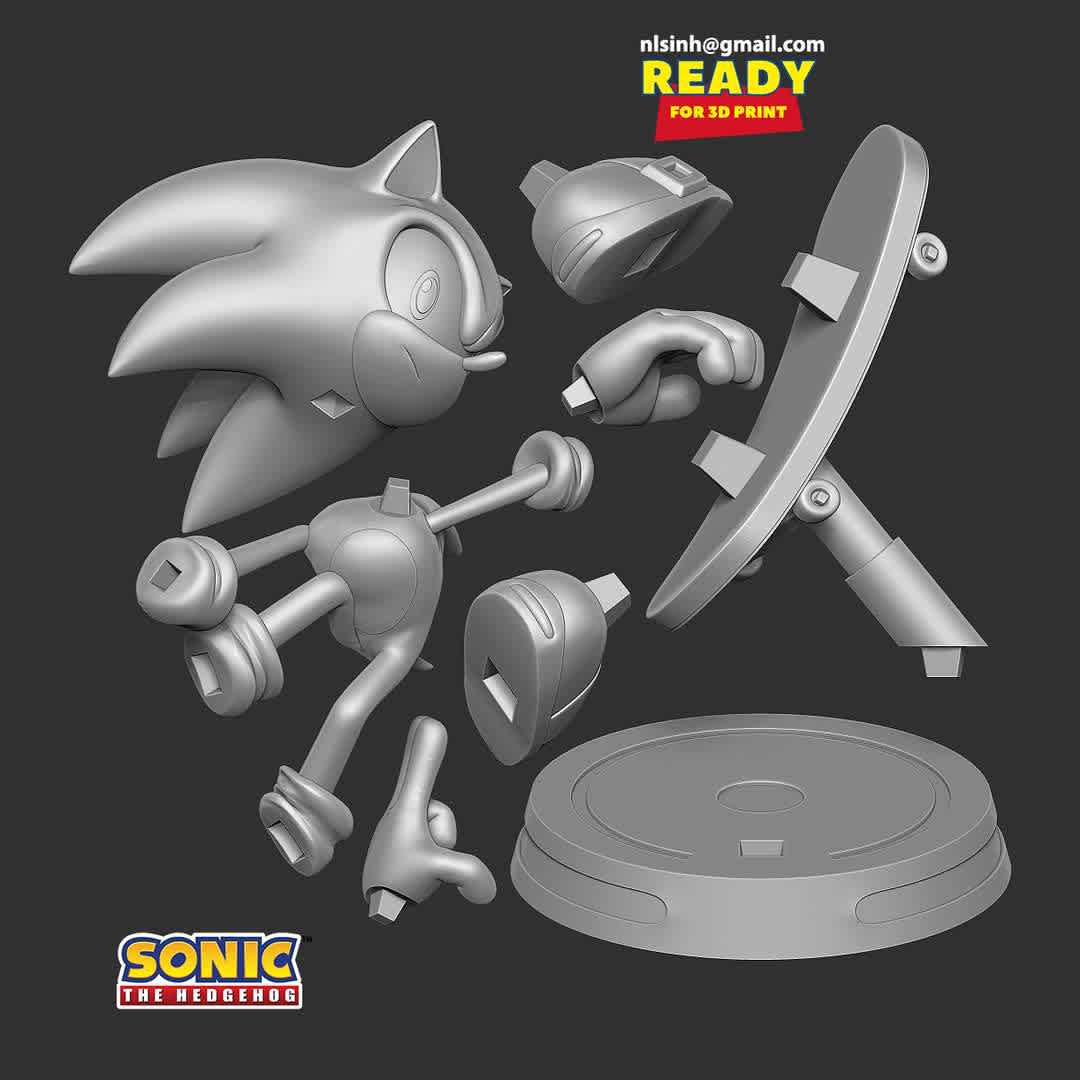 Sonic the Hedgehog  - Model height is 15cm

I have divided the individual parts to make it easy for 3D printing:

-STL, OBJ file with 08 separated files (with key to connect together) is ready for 3D printing.

-Zbrush original files (ZTL) for you to customize as you like.

18th Feb, 2020: This is version 1.0 of this model.

4th May, 2022: version 1.1 - Cut the parts to the right position & reworked the base of the stand for the model

We hope to receive the support of our dear customers.

Thanks so much for viewing my model! - Los mejores archivos para impresión 3D del mundo. Modelos Stl divididos en partes para facilitar la impresión 3D. Todo tipo de personajes, decoración, cosplay, prótesis, piezas. Calidad en impresión 3D. Modelos 3D asequibles. Bajo costo. Compras colectivas de archivos 3D.