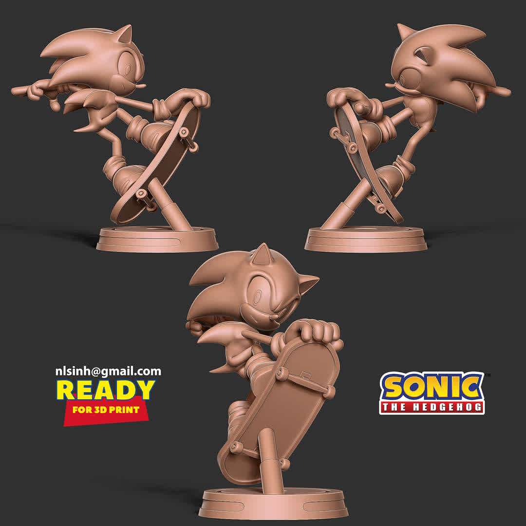 Sonic the Hedgehog  - Model height is 15cm

I have divided the individual parts to make it easy for 3D printing:

-STL, OBJ file with 08 separated files (with key to connect together) is ready for 3D printing.

-Zbrush original files (ZTL) for you to customize as you like.

18th Feb, 2020: This is version 1.0 of this model.

4th May, 2022: version 1.1 - Cut the parts to the right position & reworked the base of the stand for the model

We hope to receive the support of our dear customers.

Thanks so much for viewing my model! - The best files for 3D printing in the world. Stl models divided into parts to facilitate 3D printing. All kinds of characters, decoration, cosplay, prosthetics, pieces. Quality in 3D printing. Affordable 3D models. Low cost. Collective purchases of 3D files.