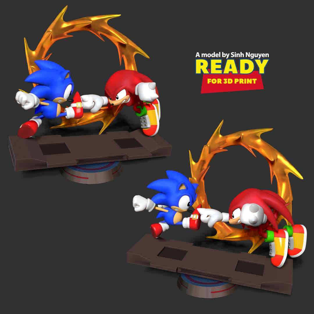 Sonic versus Knuckles - In this war, who will win?

-- Information: this model has a height of 20cm.

When you purchase this model, you will own:

01. STL, OBJ file with 07 separated files (with key to connect together) is ready for 3D printing.

02. Zbrush original files (ZTL) for you to customize as you like.

This is version 1.0 of this model.

Hope you like them. Thanks for viewing! - The best files for 3D printing in the world. Stl models divided into parts to facilitate 3D printing. All kinds of characters, decoration, cosplay, prosthetics, pieces. Quality in 3D printing. Affordable 3D models. Low cost. Collective purchases of 3D files.