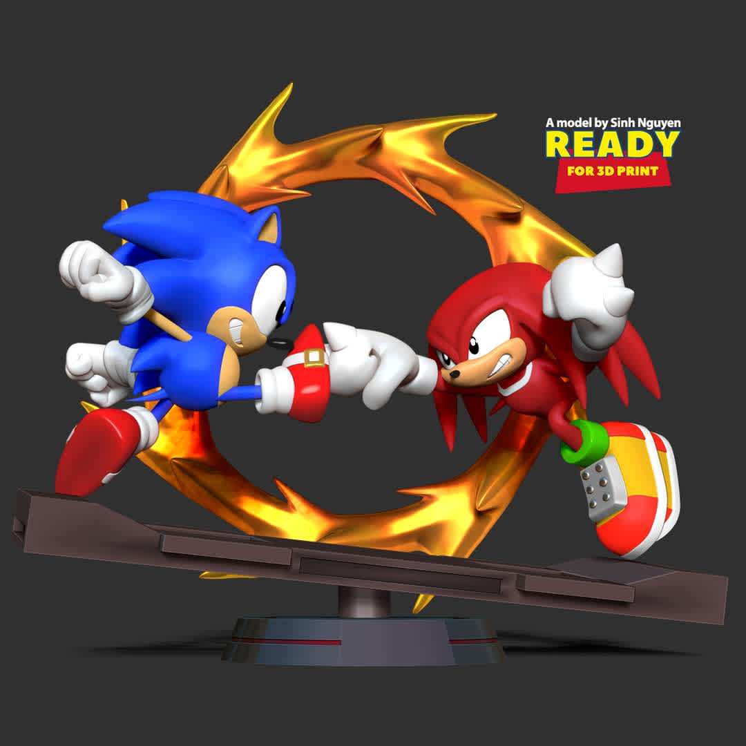 Sonic versus Knuckles - In this war, who will win?

-- Information: this model has a height of 20cm.

When you purchase this model, you will own:

01. STL, OBJ file with 07 separated files (with key to connect together) is ready for 3D printing.

02. Zbrush original files (ZTL) for you to customize as you like.

This is version 1.0 of this model.

Hope you like them. Thanks for viewing! - The best files for 3D printing in the world. Stl models divided into parts to facilitate 3D printing. All kinds of characters, decoration, cosplay, prosthetics, pieces. Quality in 3D printing. Affordable 3D models. Low cost. Collective purchases of 3D files.
