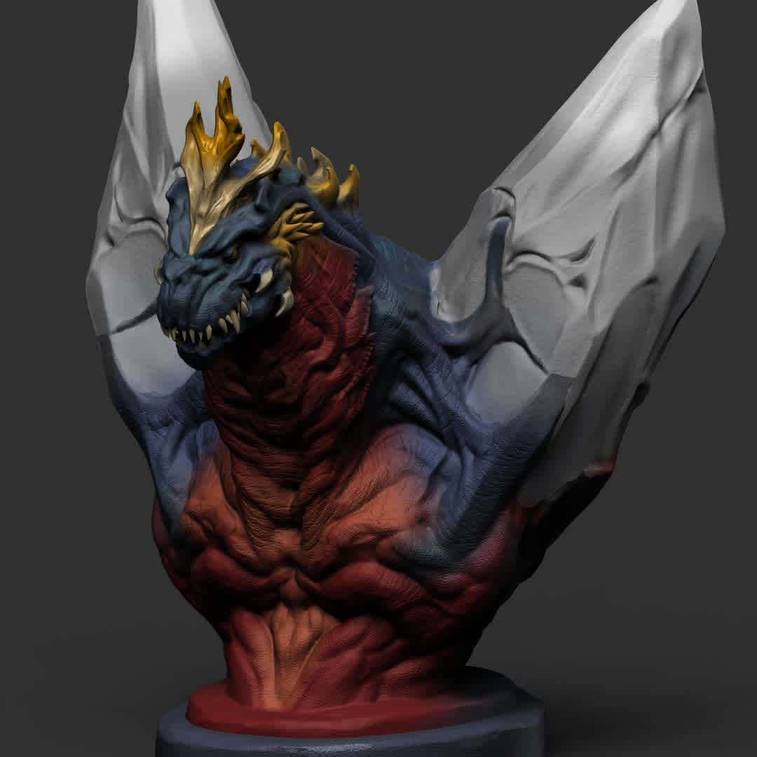 Space godzilla bust - i have re-design the space godzilla so that the head looks like more creature (dragon ) than the original - The best files for 3D printing in the world. Stl models divided into parts to facilitate 3D printing. All kinds of characters, decoration, cosplay, prosthetics, pieces. Quality in 3D printing. Affordable 3D models. Low cost. Collective purchases of 3D files.