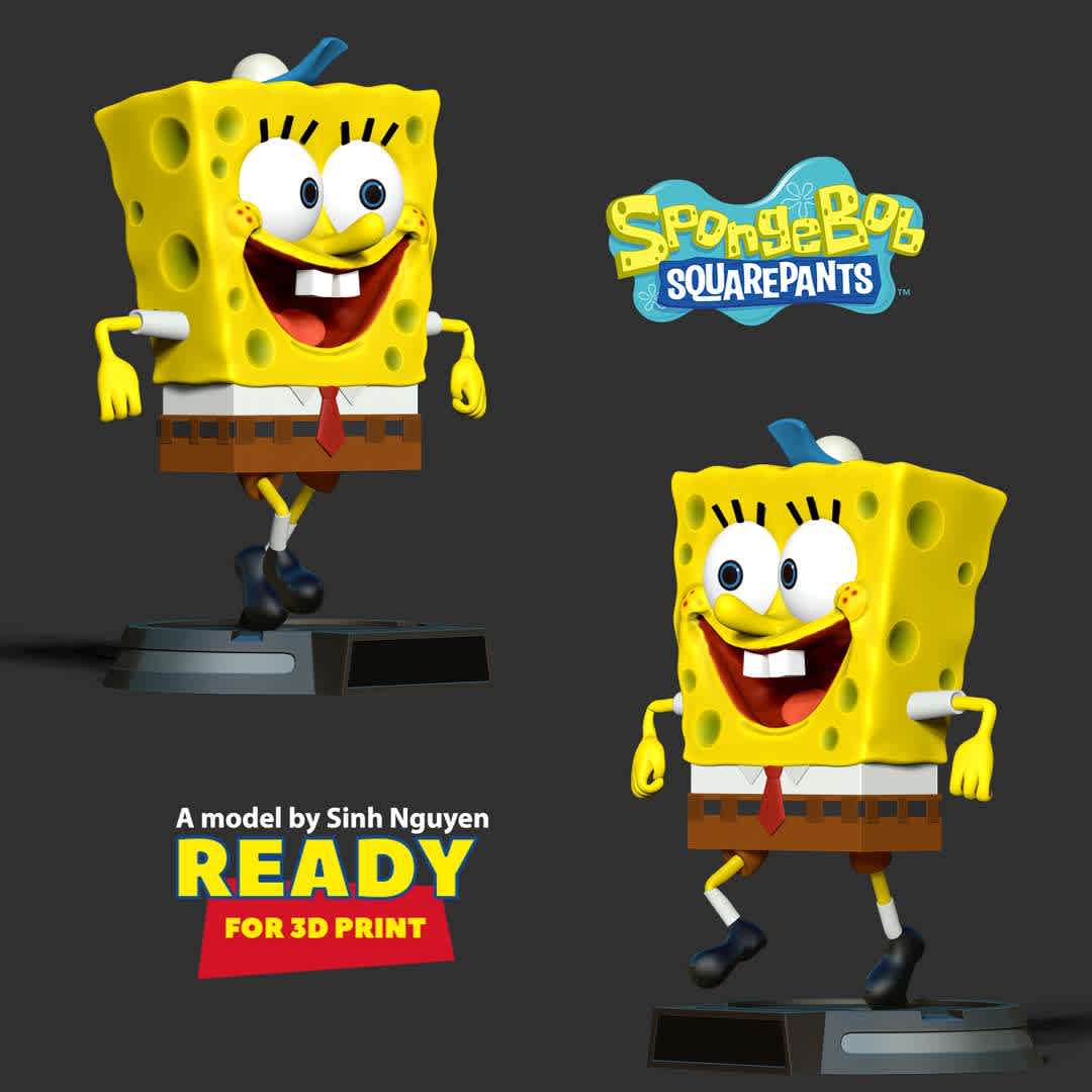 SpongeBob movie - Fan art - SpongeBob SquarePants is the protagonist of the American animated television series of the same name.

Basic parameters:

- STL, OBJ format for 3D printing with 03 discrete objects
- ZTL format for Zbrush (version 2019.1.2 or later)
- Model height: 15cm
- Version - Polygon: 1779516 & Vertices: 1464153

+ 26th Feb, 2020: version 1.0

+ 30th March, 2023: version 1.1 - Merge related objects to tidy model.

Model ready for 3D printing.

Please vote positively for me if you find this model useful. - Los mejores archivos para impresión 3D del mundo. Modelos Stl divididos en partes para facilitar la impresión 3D. Todo tipo de personajes, decoración, cosplay, prótesis, piezas. Calidad en impresión 3D. Modelos 3D asequibles. Bajo costo. Compras colectivas de archivos 3D.