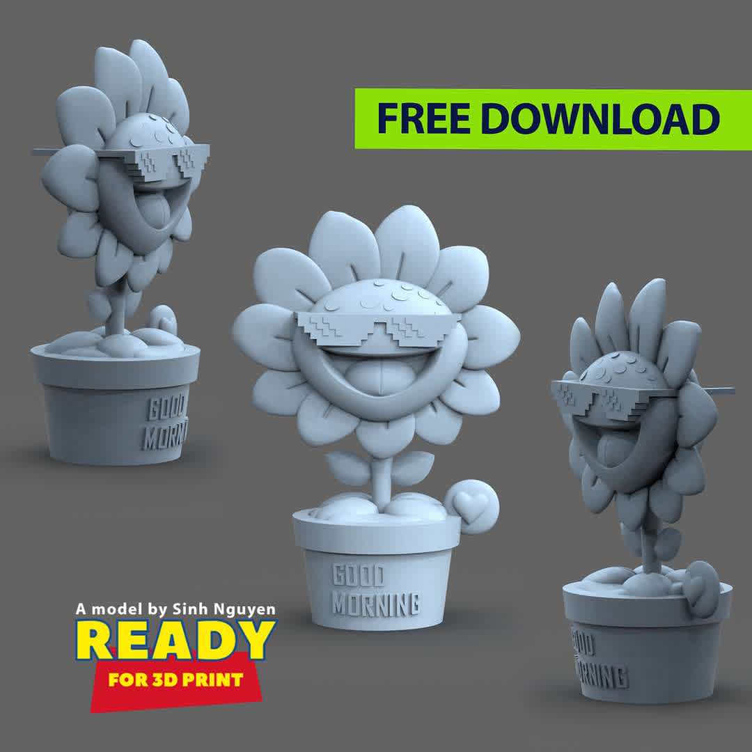 Sunflower  - Sunflowers like to be warmed by the sun, but don't like blinding themselves.

--Information: this model has a height of 15cm

When you download this model, you will own:

01. STL, OBJ file with 02 separated files (with key to connect together) is ready for 3D printing.
02. Zbrush original files (ZTL) for you to customize as you like.

This is version 1.0 of this model.

Hope you like him. Please vote positively for me if it is useful to you. Thanks so much!!!! - Os melhores arquivos para impressão 3D do mundo. Modelos stl divididos em partes para facilitar a impressão 3D. Todos os tipos de personagens, decoração, cosplay, próteses, peças. Qualidade na impressão 3D. Modelos 3D com preço acessível. Baixo custo. Compras coletivas de arquivos 3D.