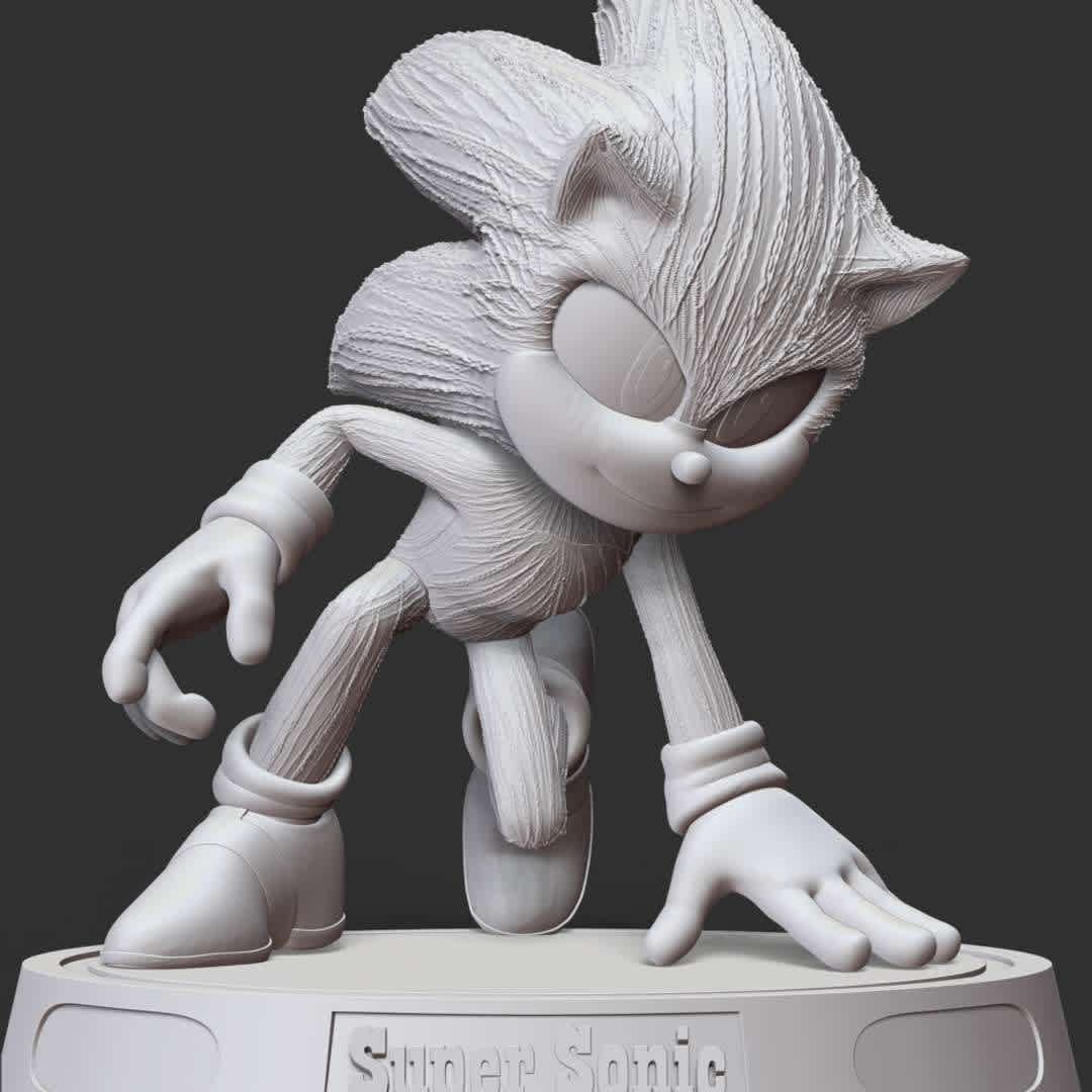 Super Sonic Fanart - **These information basic of this model:**

- The model ready for 3D printing.
- The model current size is 25cm height, but you are free to scale it.
- Files format: STL, OBJ (included 7 separated files is ready for 3D printing).
- Also includes Zbrush original file (ZTL) for you to customize as you like.

Hope you like her. 
If you have any questions please don't hesitate to contact me. 
I will respond you ASAP. - The best files for 3D printing in the world. Stl models divided into parts to facilitate 3D printing. All kinds of characters, decoration, cosplay, prosthetics, pieces. Quality in 3D printing. Affordable 3D models. Low cost. Collective purchases of 3D files.