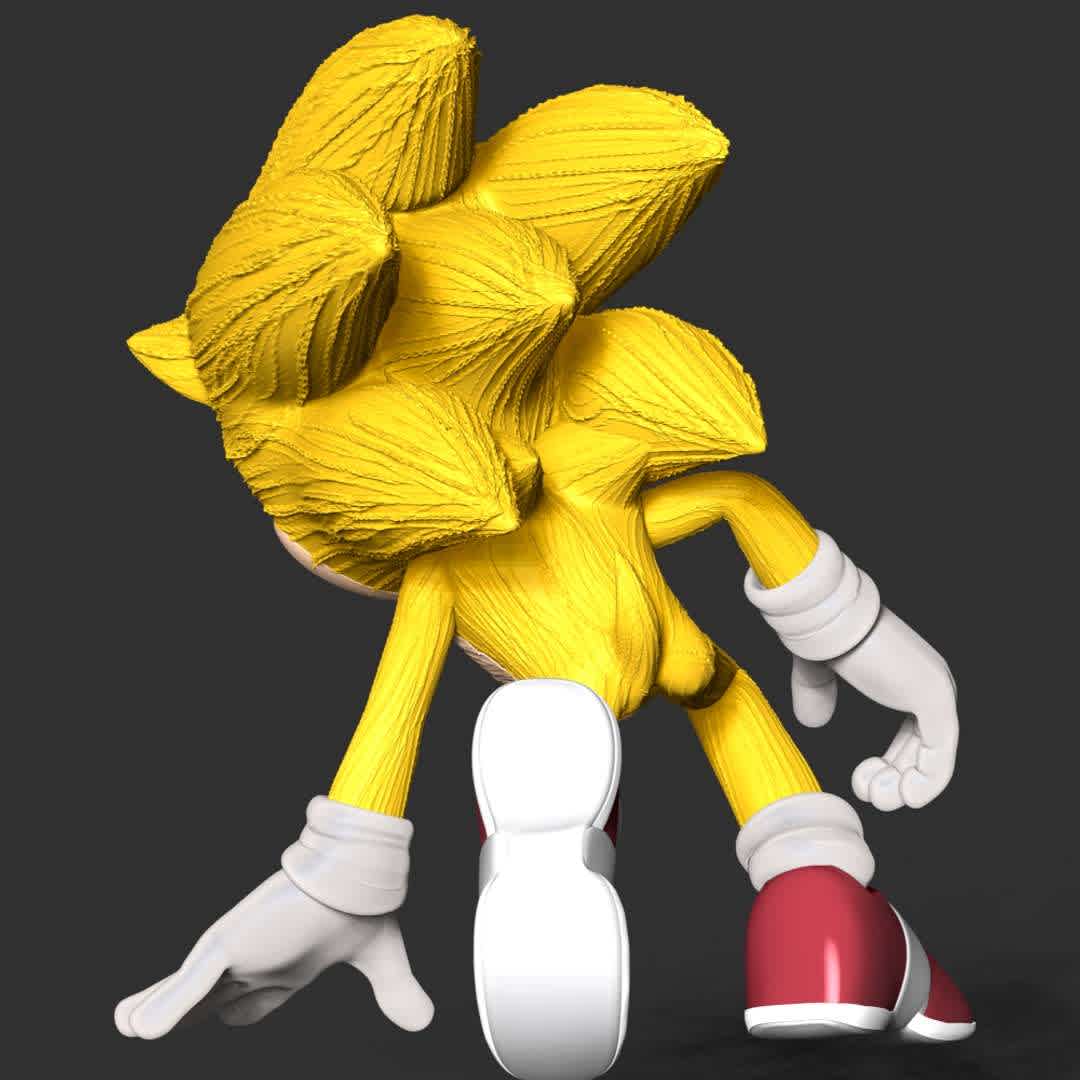 Super Sonic Fanart - **These information basic of this model:**

- The model ready for 3D printing.
- The model current size is 25cm height, but you are free to scale it.
- Files format: STL, OBJ (included 7 separated files is ready for 3D printing).
- Also includes Zbrush original file (ZTL) for you to customize as you like.

Hope you like her. 
If you have any questions please don't hesitate to contact me. 
I will respond you ASAP. - The best files for 3D printing in the world. Stl models divided into parts to facilitate 3D printing. All kinds of characters, decoration, cosplay, prosthetics, pieces. Quality in 3D printing. Affordable 3D models. Low cost. Collective purchases of 3D files.