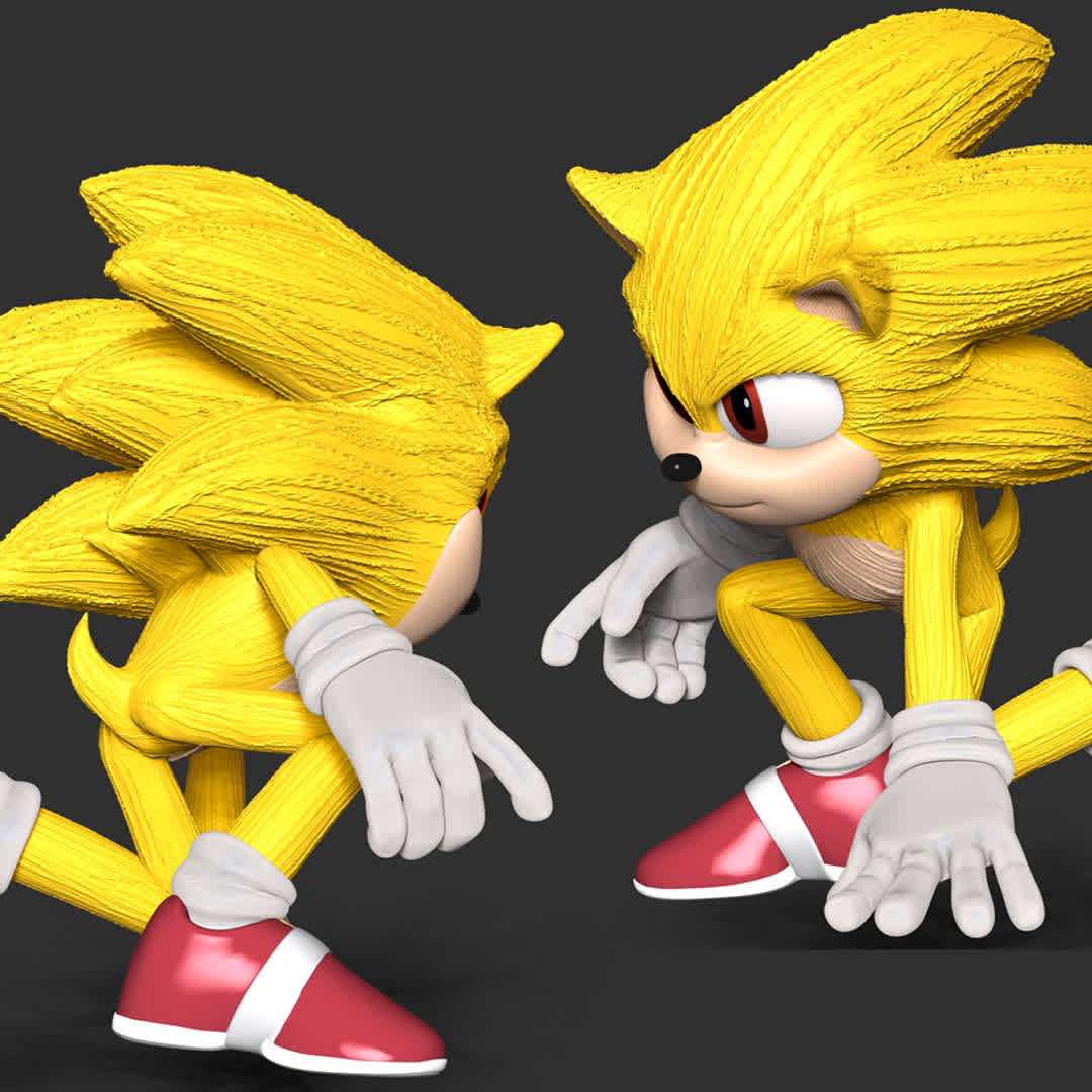 Super Sonic Fanart - **These information basic of this model:**

- The model ready for 3D printing.
- The model current size is 25cm height, but you are free to scale it.
- Files format: STL, OBJ (included 7 separated files is ready for 3D printing).
- Also includes Zbrush original file (ZTL) for you to customize as you like.

Hope you like her. 
If you have any questions please don't hesitate to contact me. 
I will respond you ASAP. - The best files for 3D printing in the world. Stl models divided into parts to facilitate 3D printing. All kinds of characters, decoration, cosplay, prosthetics, pieces. Quality in 3D printing. Affordable 3D models. Low cost. Collective purchases of 3D files.