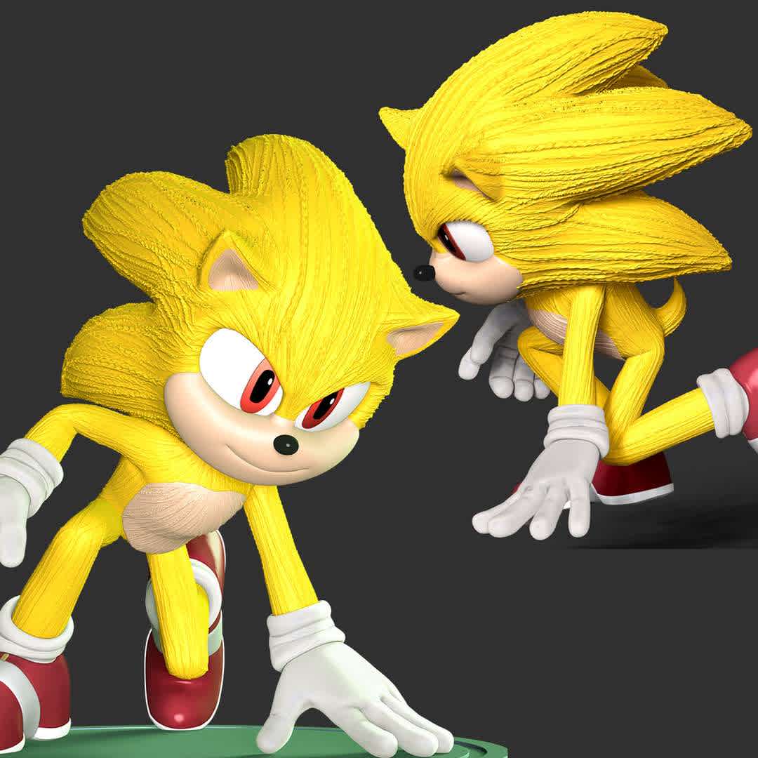 Super Sonic Fanart - **These information basic of this model:**

- The model ready for 3D printing.
- The model current size is 25cm height, but you are free to scale it.
- Files format: STL, OBJ (included 7 separated files is ready for 3D printing).
- Also includes Zbrush original file (ZTL) for you to customize as you like.

Hope you like her. 
If you have any questions please don't hesitate to contact me. 
I will respond you ASAP. - The best files for 3D printing in the world. Stl models divided into parts to facilitate 3D printing. All kinds of characters, decoration, cosplay, prosthetics, pieces. Quality in 3D printing. Affordable 3D models. Low cost. Collective purchases of 3D files.