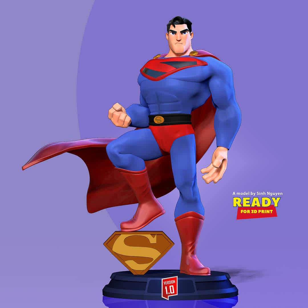 Superman Stylized  - "Superman is a superhero who appears in American comic books published by DC Comics."

Basic parameters:

- STL, OBJ format for 3D printing with 04 discrete objects
- ZTL format for Zbrush (version 2019.1.2 or later)
- Model height: 25cm
- Version 1.0 - Polygons: 1584528 & Vertices: 903700

Model ready for 3D printing.

Please vote positively for me if you find this model useful. - The best files for 3D printing in the world. Stl models divided into parts to facilitate 3D printing. All kinds of characters, decoration, cosplay, prosthetics, pieces. Quality in 3D printing. Affordable 3D models. Low cost. Collective purchases of 3D files.