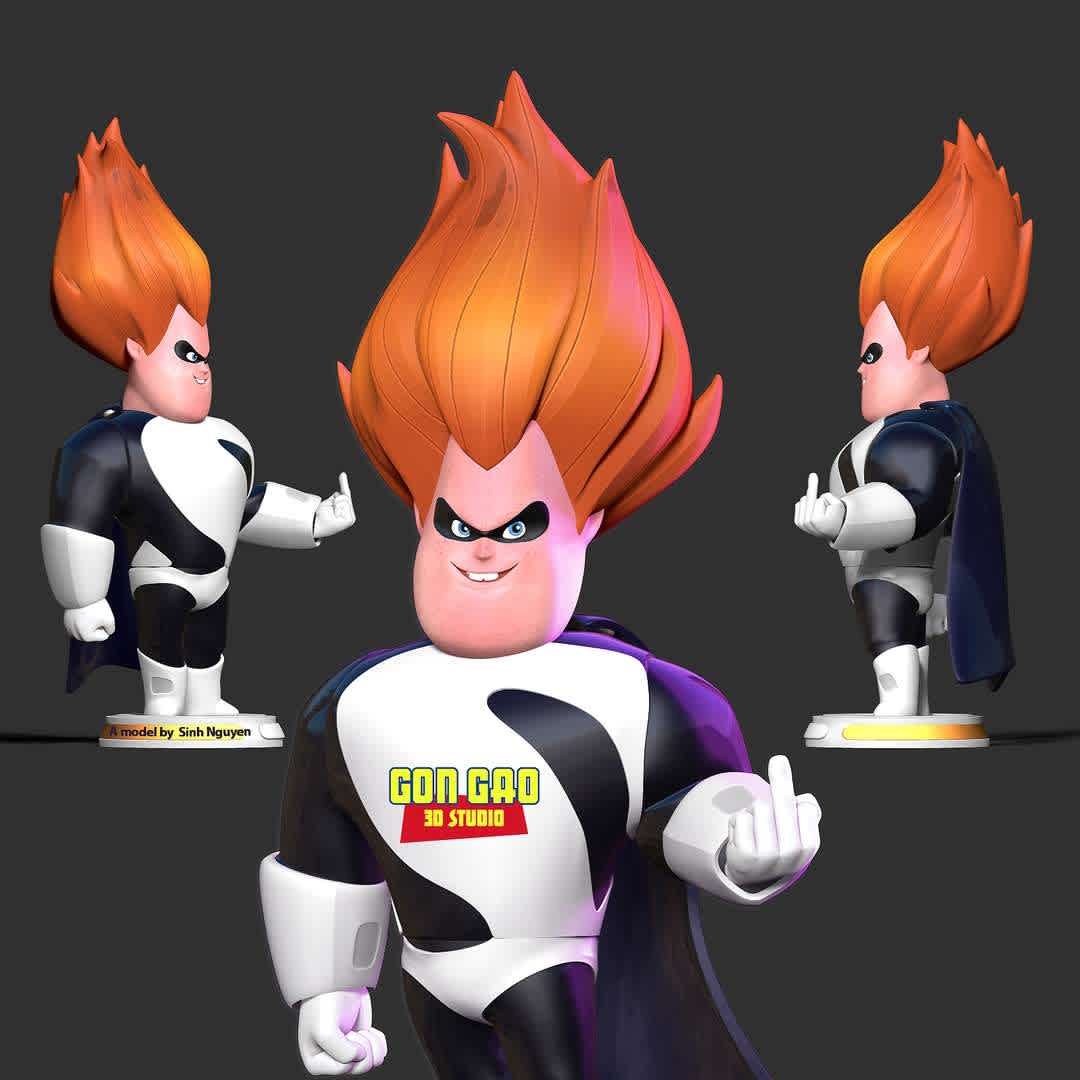 Syndrome - The Incredibles Fanart  - "Buddy Pine, also known as Syndrome, is the main antagonist of Pixar's 6th full-length animated feature film The Incredibles."

Basic parameters:

- STL, OBJ format for 3D printing with 04 discrete objects
- Model height: 20cm
- Version 1.0: Polygons: 1848390 & Vertices: 1098509

Model ready for 3D printing.

Please vote positively for me if you find this model useful. - The best files for 3D printing in the world. Stl models divided into parts to facilitate 3D printing. All kinds of characters, decoration, cosplay, prosthetics, pieces. Quality in 3D printing. Affordable 3D models. Low cost. Collective purchases of 3D files.