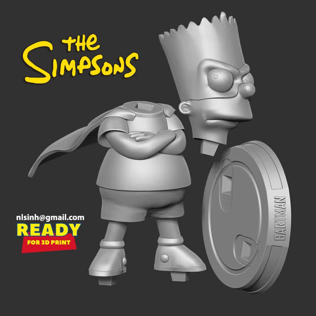 The Bartman - Bartman (or The Bartman) is Bart's alter-ego. His alias is Bart Simpson.

Information: this model has a height of 10cm.

When you purchase this model, you will own:

STL, OBJ file with 03 separated files (with key to connect together) is ready for 3D printing.
Zbrush original files (ZTL) for you to customize as you like.
This is version 1.0 of this model.

Hope you like him. Thanks for viewing! - Los mejores archivos para impresión 3D del mundo. Modelos Stl divididos en partes para facilitar la impresión 3D. Todo tipo de personajes, decoración, cosplay, prótesis, piezas. Calidad en impresión 3D. Modelos 3D asequibles. Bajo costo. Compras colectivas de archivos 3D.