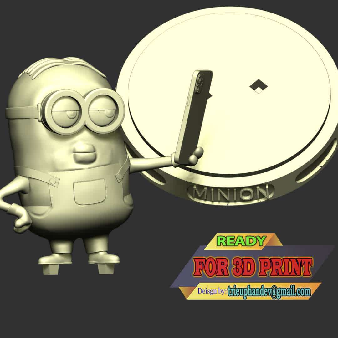 The Minion Selfie - This model has a height of 12 cm.
When you purchase this model, you will own:
 
- STL, OBJ file with 02 separated files (included key to connect parts) is ready for 3D printing.
- Zbrush original files (ZTL) for you to customize as you like.

This is version 1.0 of this model.

Thanks for viewing!
 Hope you like him. - The best files for 3D printing in the world. Stl models divided into parts to facilitate 3D printing. All kinds of characters, decoration, cosplay, prosthetics, pieces. Quality in 3D printing. Affordable 3D models. Low cost. Collective purchases of 3D files.