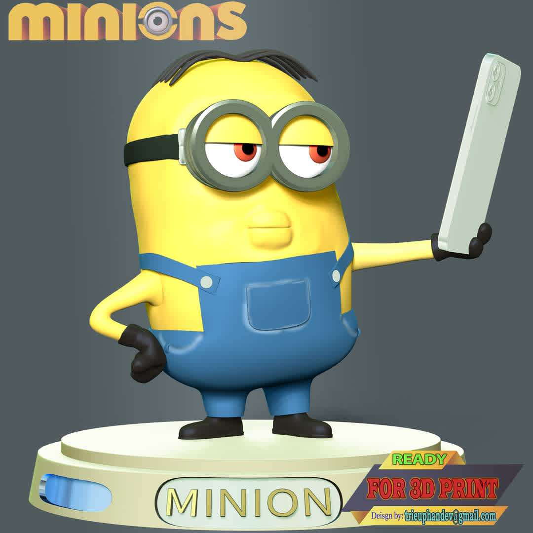 The Minion Selfie - This model has a height of 12 cm.
When you purchase this model, you will own:
 
- STL, OBJ file with 02 separated files (included key to connect parts) is ready for 3D printing.
- Zbrush original files (ZTL) for you to customize as you like.

This is version 1.0 of this model.

Thanks for viewing!
 Hope you like him. - Los mejores archivos para impresión 3D del mundo. Modelos Stl divididos en partes para facilitar la impresión 3D. Todo tipo de personajes, decoración, cosplay, prótesis, piezas. Calidad en impresión 3D. Modelos 3D asequibles. Bajo costo. Compras colectivas de archivos 3D.