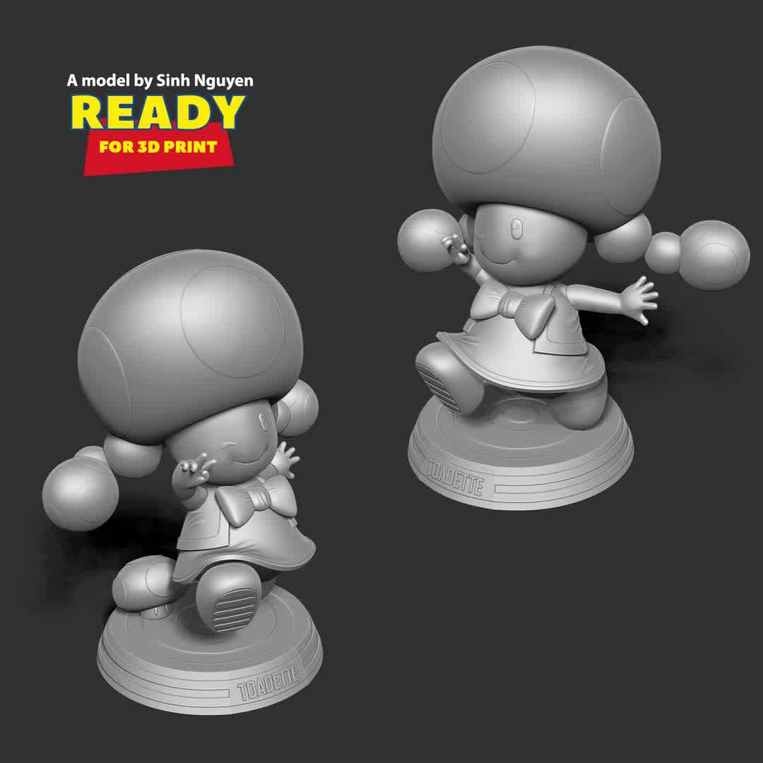 Toadette - Super Mario Fanart  - Toadette is a recurring Toad character in the Mario franchise.

-- Information: this model has a height of 12cm.

When you purchase this model, you will own:

1. STL, OBJ file with 06 separated files (with key to connect together) is ready for 3D printing.

2. Zbrush original files (ZTL) for you to customize as you like.

* 13th August, 2020: This is version 1.0 of this model.

* 16th July, 2022: version 1.1 - Merge objects neatly. Set the height of the model.

Thanks so much for viewing my model!

Hope you guys like her :) - The best files for 3D printing in the world. Stl models divided into parts to facilitate 3D printing. All kinds of characters, decoration, cosplay, prosthetics, pieces. Quality in 3D printing. Affordable 3D models. Low cost. Collective purchases of 3D files.