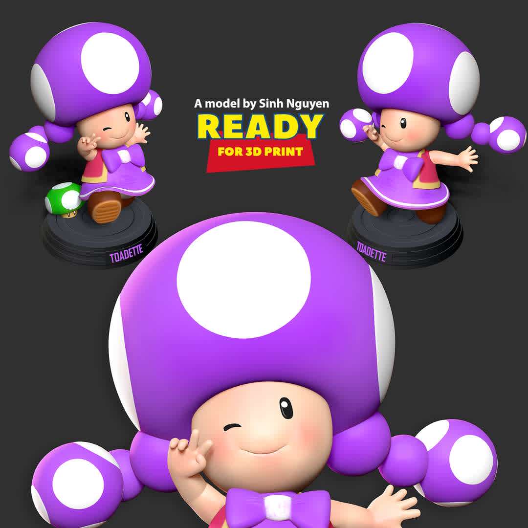 Toadette - Super Mario Fanart  - Toadette is a recurring Toad character in the Mario franchise.

-- Information: this model has a height of 12cm.

When you purchase this model, you will own:

1. STL, OBJ file with 06 separated files (with key to connect together) is ready for 3D printing.

2. Zbrush original files (ZTL) for you to customize as you like.

* 13th August, 2020: This is version 1.0 of this model.

* 16th July, 2022: version 1.1 - Merge objects neatly. Set the height of the model.

Thanks so much for viewing my model!

Hope you guys like her :) - The best files for 3D printing in the world. Stl models divided into parts to facilitate 3D printing. All kinds of characters, decoration, cosplay, prosthetics, pieces. Quality in 3D printing. Affordable 3D models. Low cost. Collective purchases of 3D files.