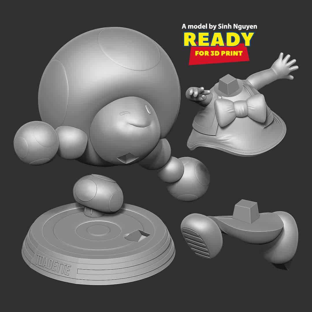 Toadette - Super Mario Fanart  - Toadette is a recurring Toad character in the Mario franchise.

-- Information: this model has a height of 12cm.

When you purchase this model, you will own:

1. STL, OBJ file with 06 separated files (with key to connect together) is ready for 3D printing.

2. Zbrush original files (ZTL) for you to customize as you like.

* 13th August, 2020: This is version 1.0 of this model.

* 16th July, 2022: version 1.1 - Merge objects neatly. Set the height of the model.

Thanks so much for viewing my model!

Hope you guys like her :) - The best files for 3D printing in the world. Stl models divided into parts to facilitate 3D printing. All kinds of characters, decoration, cosplay, prosthetics, pieces. Quality in 3D printing. Affordable 3D models. Low cost. Collective purchases of 3D files.