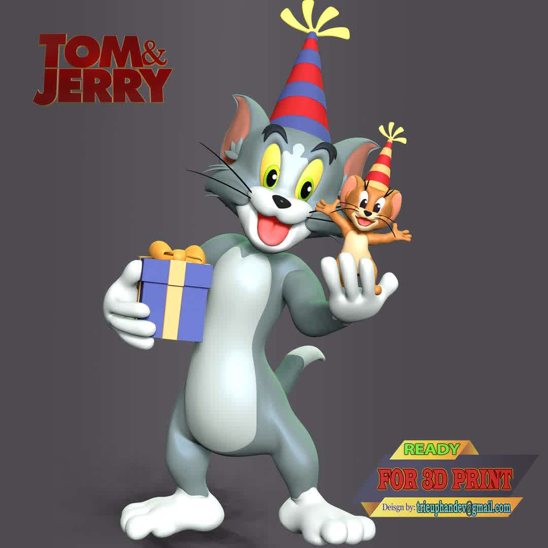 Tom And Jerry - This model has a height of 15 cm.

When you purchase this model, you will own:

- STL, OBJ file with 03 separated files (with key to connect together) is ready for 3D printing.

- Zbrush original files (ZTL) for you to customize as you like.

This is version 1.0 of this model.

Hope you like them. Thanks for viewing! - The best files for 3D printing in the world. Stl models divided into parts to facilitate 3D printing. All kinds of characters, decoration, cosplay, prosthetics, pieces. Quality in 3D printing. Affordable 3D models. Low cost. Collective purchases of 3D files.