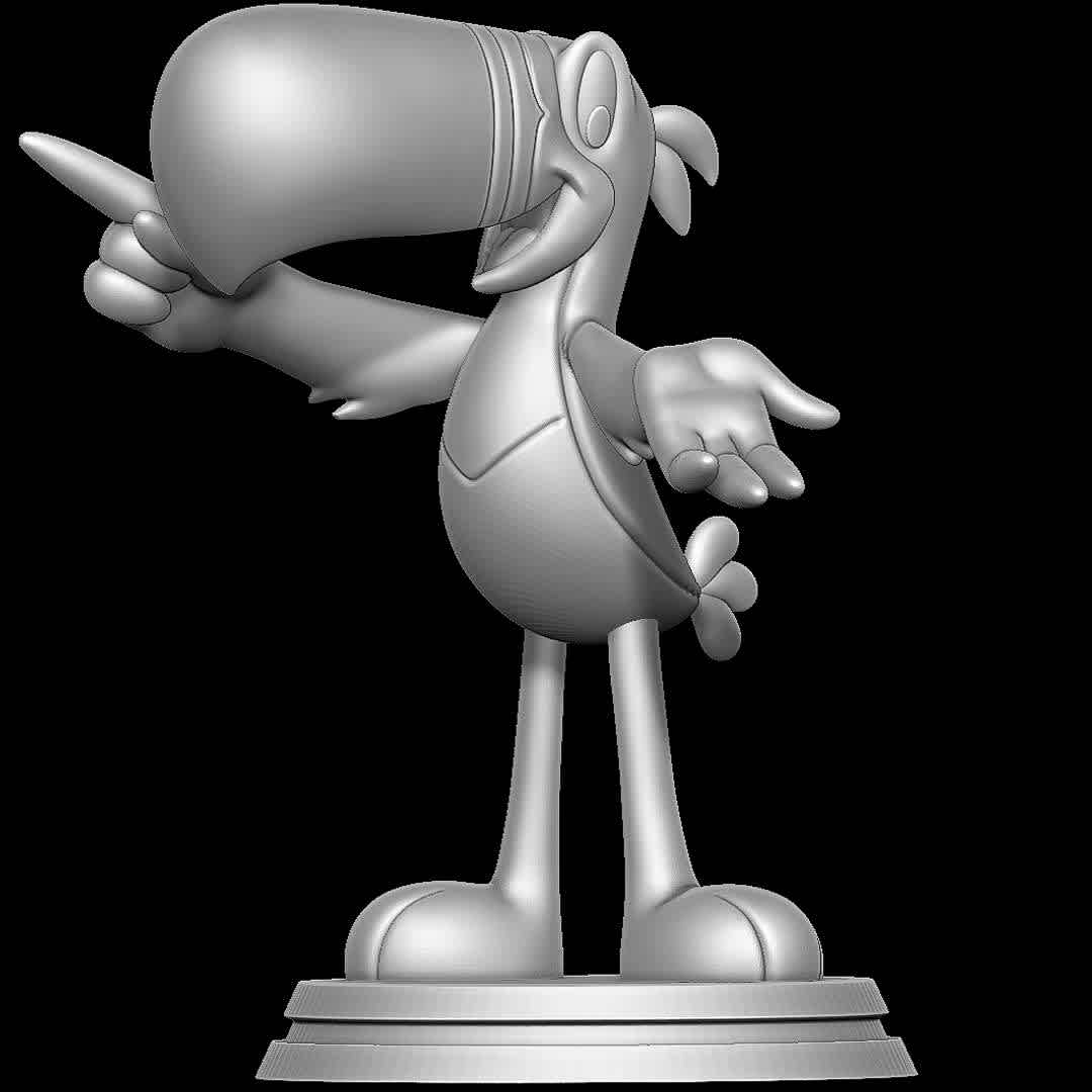 Toucan Sam - Froot Loops - A bird mascot from the famous cereal Froot Loops - Os melhores arquivos para impressão 3D do mundo. Modelos stl divididos em partes para facilitar a impressão 3D. Todos os tipos de personagens, decoração, cosplay, próteses, peças. Qualidade na impressão 3D. Modelos 3D com preço acessível. Baixo custo. Compras coletivas de arquivos 3D.
