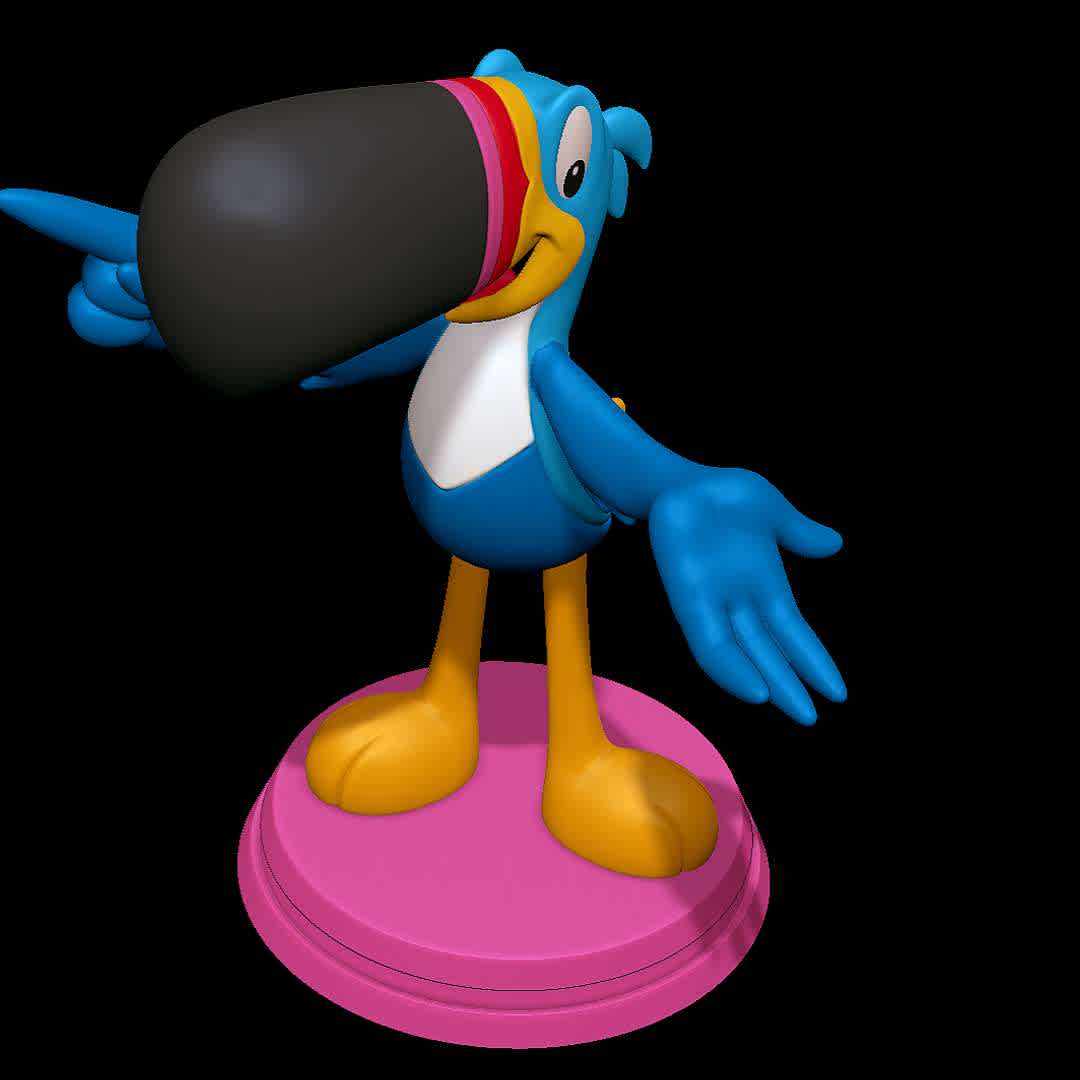 Toucan Sam - Froot Loops - A bird mascot from the famous cereal Froot Loops - The best files for 3D printing in the world. Stl models divided into parts to facilitate 3D printing. All kinds of characters, decoration, cosplay, prosthetics, pieces. Quality in 3D printing. Affordable 3D models. Low cost. Collective purchases of 3D files.