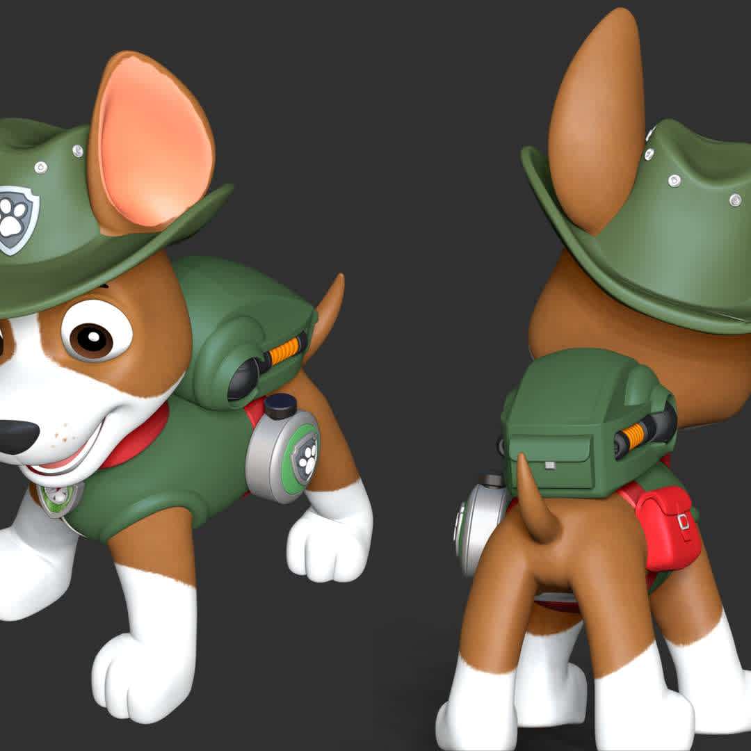 Tracker PAW Patrol - Tracker is a Chihuahua/Potcake mix who is the jungle pup of the PAW Patrol, one of the four tetartagonists of the Canadian cartoon series PAW Patrol. He is the ninth member of the PAW Patrol who joined in the episode "Tracker Joins the Pups!" as the Jungle Rescue Pup.

**These information of this model:**

- The model ready for 3D printing.
- The model current size is 20cm height, but you are free to scale it.
- Files format: STL, OBJ (included 03 separated files is ready for 3D printing).
- Also includes Zbrush original file (ZTL) for you to customize as you like.

The model ready for 3D printing.
Hope you like him.

Don't hesitate to contact me if there are any problems during printing the model. - The best files for 3D printing in the world. Stl models divided into parts to facilitate 3D printing. All kinds of characters, decoration, cosplay, prosthetics, pieces. Quality in 3D printing. Affordable 3D models. Low cost. Collective purchases of 3D files.