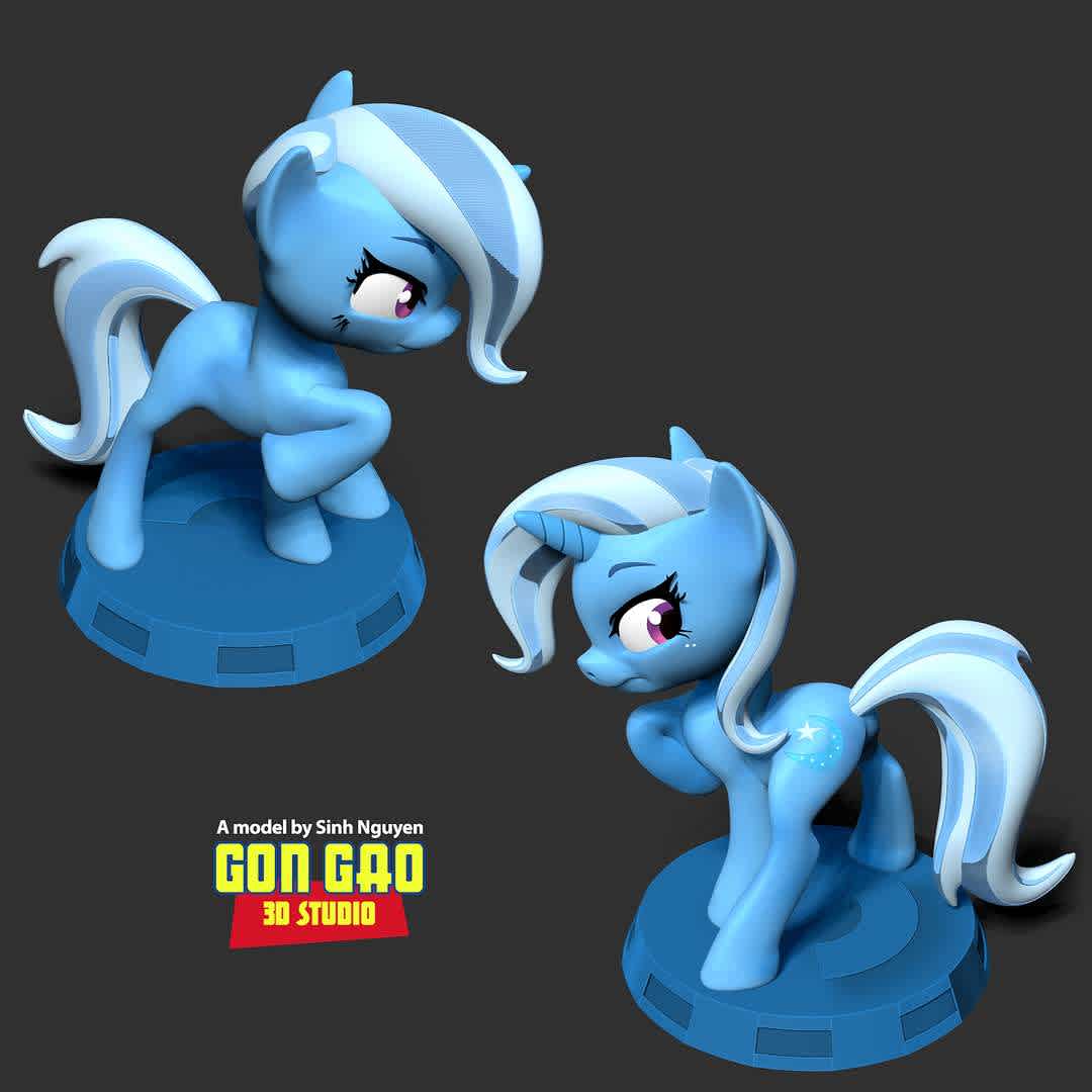 Trixie - Little Pony  - "Trixie, or Trixie Lulamoon is a female unicorn pony and traveling magician."

Basic parameters:

- STL, OBJ format for 3D printing with 03 discrete objects
- Model height: 20cm
- Version 1.0 - Polygons: 1196969 & Vertices: 697611

Model ready for 3D printing.

Please vote positively for me if you find this model useful. - Los mejores archivos para impresión 3D del mundo. Modelos Stl divididos en partes para facilitar la impresión 3D. Todo tipo de personajes, decoración, cosplay, prótesis, piezas. Calidad en impresión 3D. Modelos 3D asequibles. Bajo costo. Compras colectivas de archivos 3D.