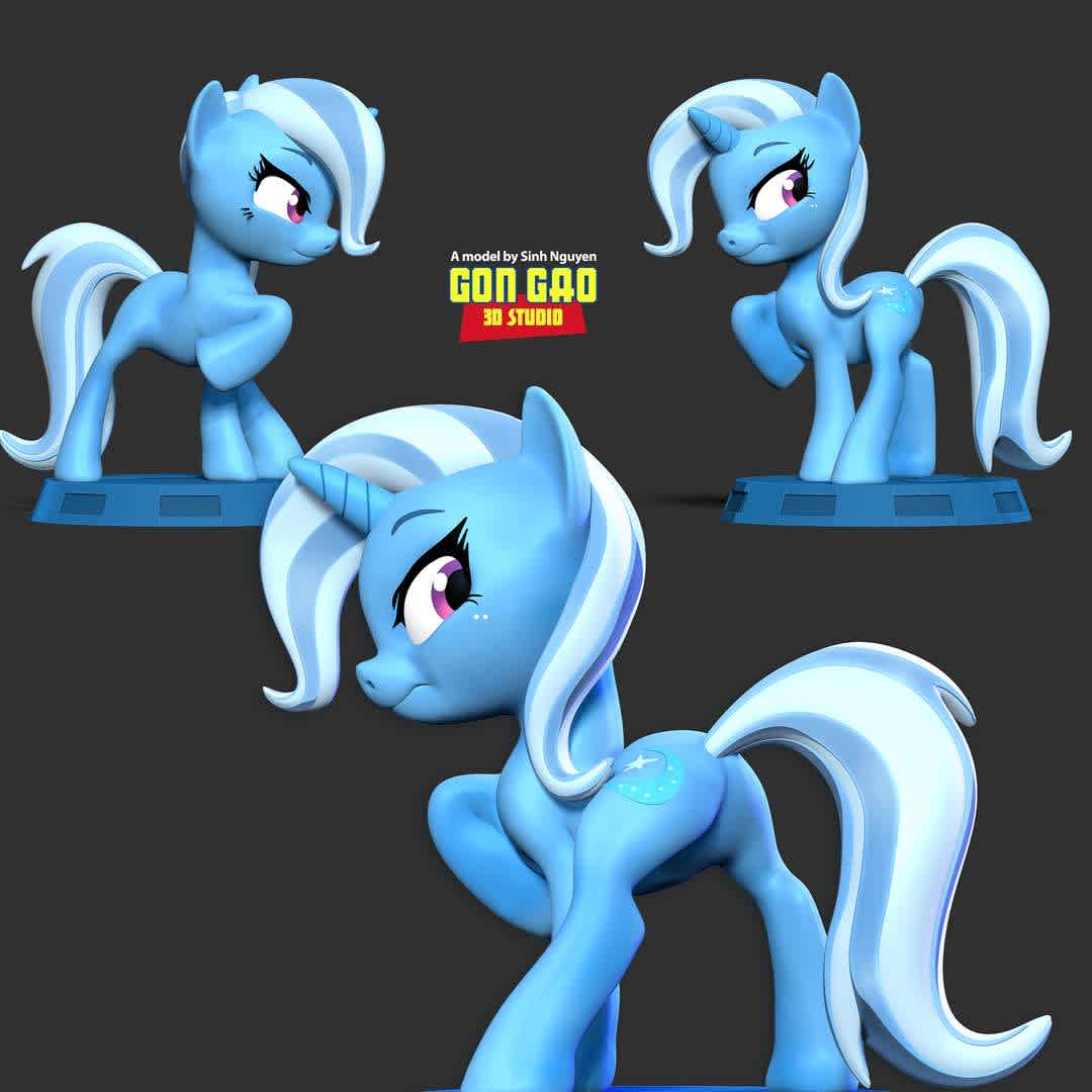 Trixie - Little Pony  - "Trixie, or Trixie Lulamoon is a female unicorn pony and traveling magician."

Basic parameters:

- STL, OBJ format for 3D printing with 03 discrete objects
- Model height: 20cm
- Version 1.0 - Polygons: 1196969 & Vertices: 697611

Model ready for 3D printing.

Please vote positively for me if you find this model useful. - Os melhores arquivos para impressão 3D do mundo. Modelos stl divididos em partes para facilitar a impressão 3D. Todos os tipos de personagens, decoração, cosplay, próteses, peças. Qualidade na impressão 3D. Modelos 3D com preço acessível. Baixo custo. Compras coletivas de arquivos 3D.