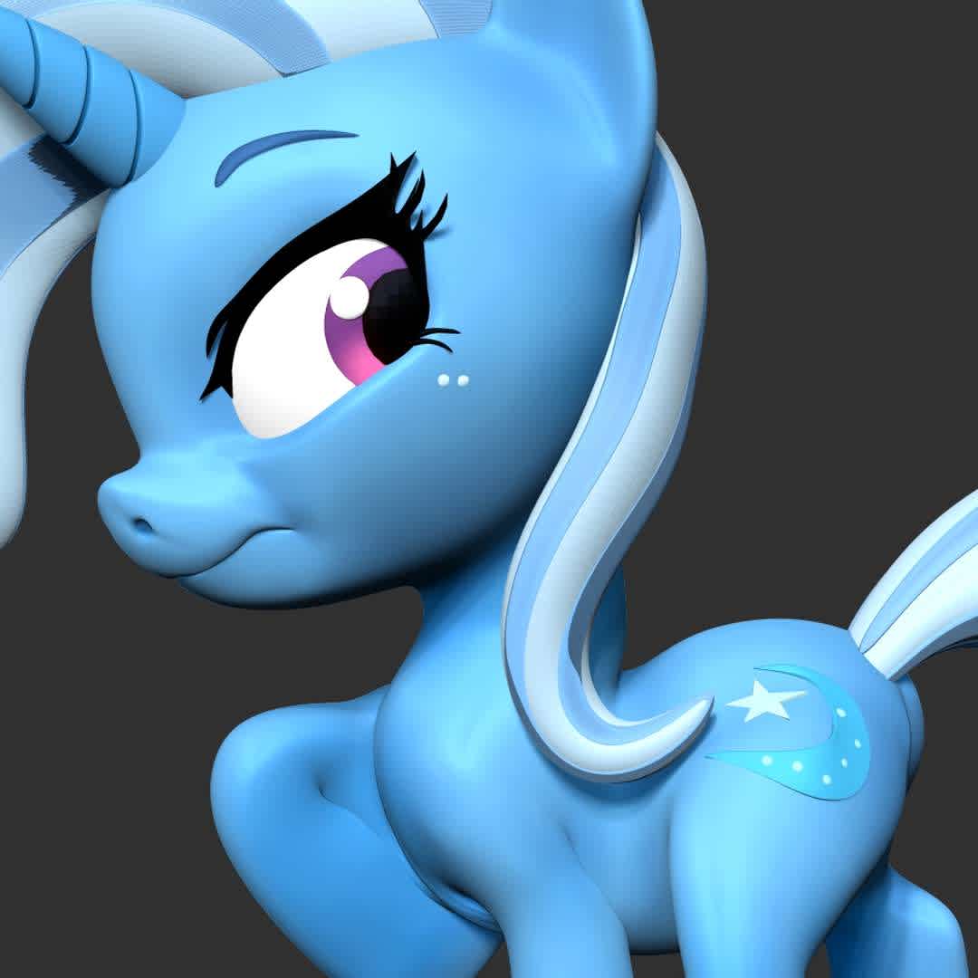 Trixie - Little Pony  - "Trixie, or Trixie Lulamoon is a female unicorn pony and traveling magician."

Basic parameters:

- STL, OBJ format for 3D printing with 03 discrete objects
- Model height: 20cm
- Version 1.0 - Polygons: 1196969 & Vertices: 697611

Model ready for 3D printing.

Please vote positively for me if you find this model useful. - Os melhores arquivos para impressão 3D do mundo. Modelos stl divididos em partes para facilitar a impressão 3D. Todos os tipos de personagens, decoração, cosplay, próteses, peças. Qualidade na impressão 3D. Modelos 3D com preço acessível. Baixo custo. Compras coletivas de arquivos 3D.