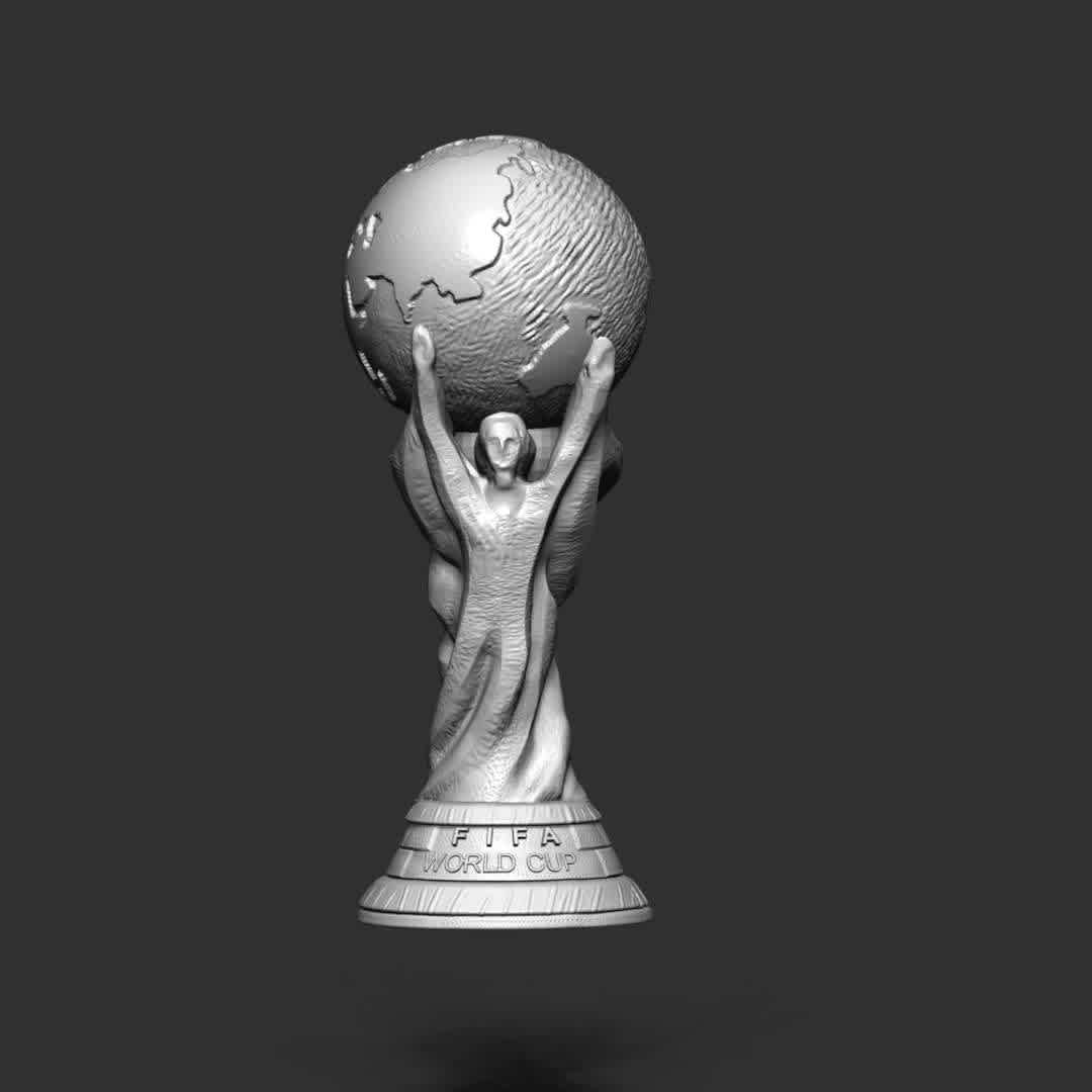 Trophy - FIFA World Cup  - As we count down to the start of the global showpiece in Qatar on 20 November. Which team will be the owner of the most prestigious trophy on the planet?

**Information: This model has a height of 20 cm.**

When you download this model, you will own:
 
- STL, OBJ file with 02 separated files (included key to connect parts) is ready for 3D printing.
- Zbrush original files (ZTL) for you to customize as you like.

This is version 1.0 of this model.
Thanks for viewing! Hope you like it. - The best files for 3D printing in the world. Stl models divided into parts to facilitate 3D printing. All kinds of characters, decoration, cosplay, prosthetics, pieces. Quality in 3D printing. Affordable 3D models. Low cost. Collective purchases of 3D files.