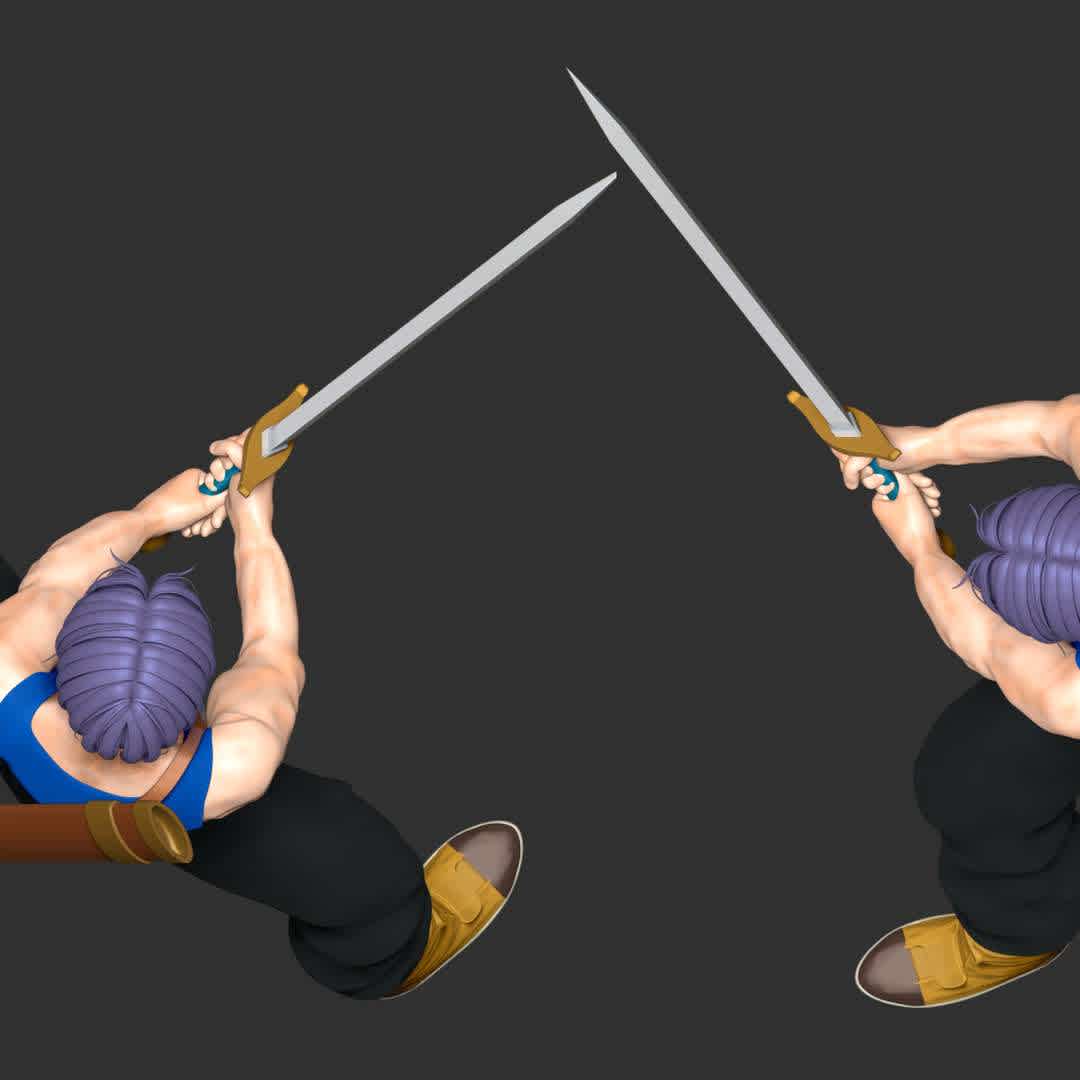  Trunks - Jump Force - Trunks is the son of Vegeta from the future he came from the future to warn the z fighters of two evil androids who destroy them and the world

These information of this model:

- The model ready for 3D printing.
- The model current size is 20cm height, but you are free to scale it.
- Files format: STL, OBJ (included 04 separated files is ready for 3D printing).
- Also includes Zbrush original file (ZTL) for you to customize as you like.

Hope you like it.
If you have any questions please don't hesitate to contact me. I will respond you ASAP. - Os melhores arquivos para impressão 3D do mundo. Modelos stl divididos em partes para facilitar a impressão 3D. Todos os tipos de personagens, decoração, cosplay, próteses, peças. Qualidade na impressão 3D. Modelos 3D com preço acessível. Baixo custo. Compras coletivas de arquivos 3D.