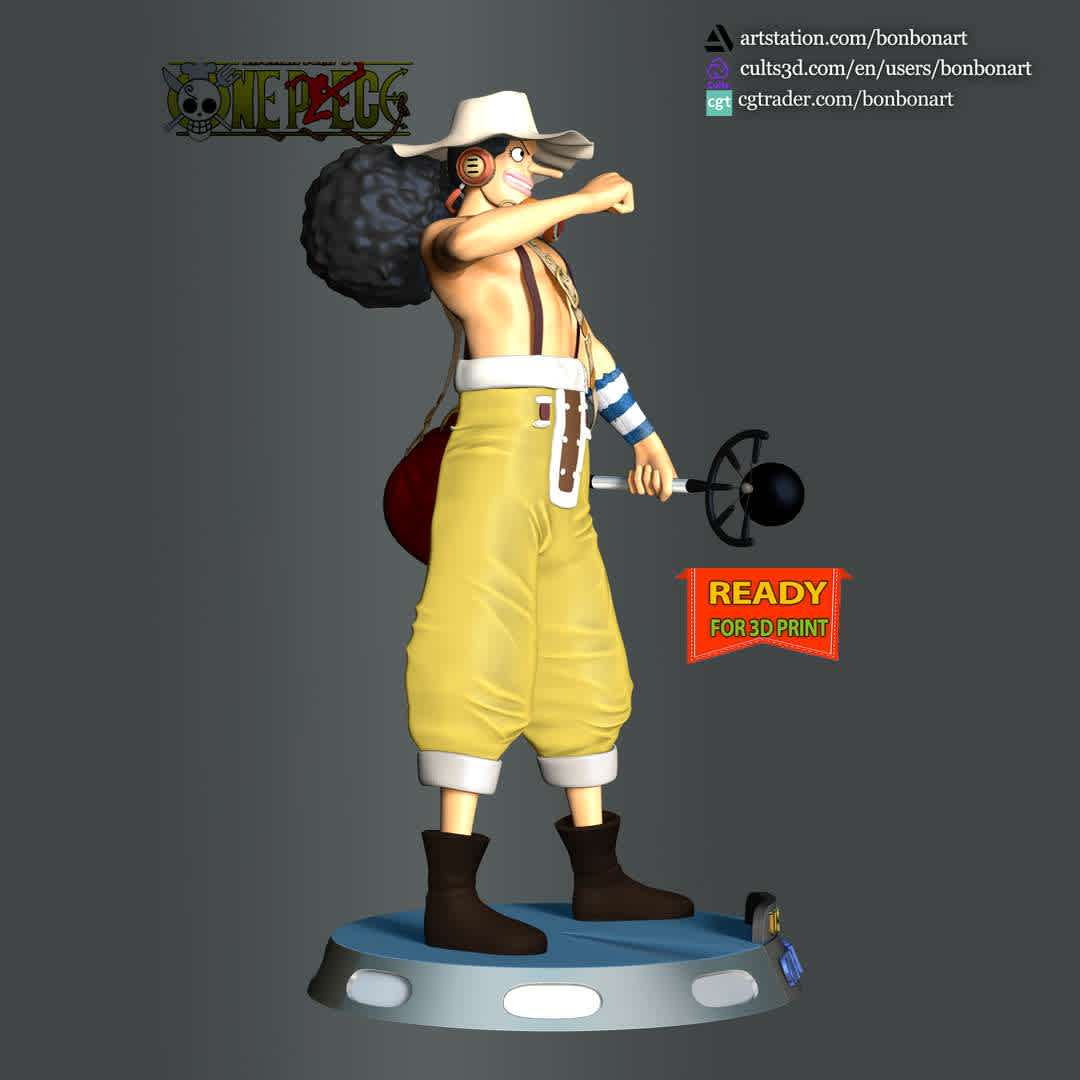 Usopp - One Piece - **Information: This model has a height of 20 cm.**

When you purchase this model, you will own:
 
**- STL, OBJ file with 08 separated files (included key to connect parts) is ready for 3D printing.
  - Zbrush original files (ZTL) for you to customize as you like.**

This is version 1.0 of this model.
Thanks for viewing! Hope you like him. - The best files for 3D printing in the world. Stl models divided into parts to facilitate 3D printing. All kinds of characters, decoration, cosplay, prosthetics, pieces. Quality in 3D printing. Affordable 3D models. Low cost. Collective purchases of 3D files.