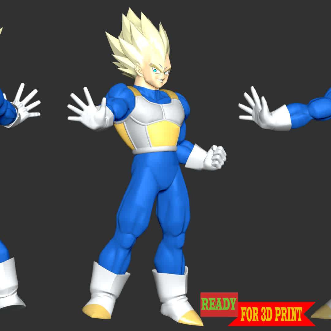  Vegeta SSJ - Dragon Ball - Vegeta is the prince of the fallen Saiyan race and the husband of Bulma, the father of Trunks and Bulla, the eldest son of King Vegeta, as well as one of the main characters of the Dragon Ball series.

These information details of this model:

- Files format: STL, OBJ (included 04 separated files is ready for 3D printing). 
 - Zbrush original file (ZTL) for you to customize as you like.
 - The height is 20 cm
 - The version 1.0 

Hope you like him.
Don't hesitate to contact me if there are any problems during printing the model - Los mejores archivos para impresión 3D del mundo. Modelos Stl divididos en partes para facilitar la impresión 3D. Todo tipo de personajes, decoración, cosplay, prótesis, piezas. Calidad en impresión 3D. Modelos 3D asequibles. Bajo costo. Compras colectivas de archivos 3D.