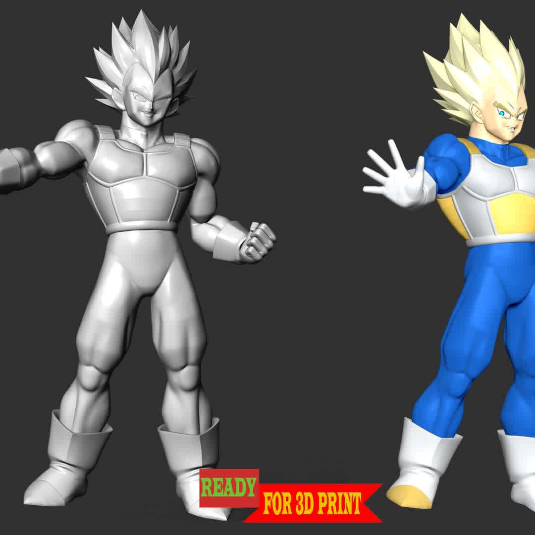  Vegeta SSJ - Dragon Ball - Vegeta is the prince of the fallen Saiyan race and the husband of Bulma, the father of Trunks and Bulla, the eldest son of King Vegeta, as well as one of the main characters of the Dragon Ball series.

These information details of this model:

- Files format: STL, OBJ (included 04 separated files is ready for 3D printing). 
 - Zbrush original file (ZTL) for you to customize as you like.
 - The height is 20 cm
 - The version 1.0 

Hope you like him.
Don't hesitate to contact me if there are any problems during printing the model - The best files for 3D printing in the world. Stl models divided into parts to facilitate 3D printing. All kinds of characters, decoration, cosplay, prosthetics, pieces. Quality in 3D printing. Affordable 3D models. Low cost. Collective purchases of 3D files.