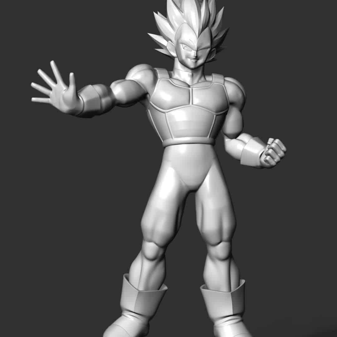  Vegeta SSJ - Dragon Ball - Vegeta is the prince of the fallen Saiyan race and the husband of Bulma, the father of Trunks and Bulla, the eldest son of King Vegeta, as well as one of the main characters of the Dragon Ball series.

These information details of this model:

- Files format: STL, OBJ (included 04 separated files is ready for 3D printing). 
 - Zbrush original file (ZTL) for you to customize as you like.
 - The height is 20 cm
 - The version 1.0 

Hope you like him.
Don't hesitate to contact me if there are any problems during printing the model - The best files for 3D printing in the world. Stl models divided into parts to facilitate 3D printing. All kinds of characters, decoration, cosplay, prosthetics, pieces. Quality in 3D printing. Affordable 3D models. Low cost. Collective purchases of 3D files.