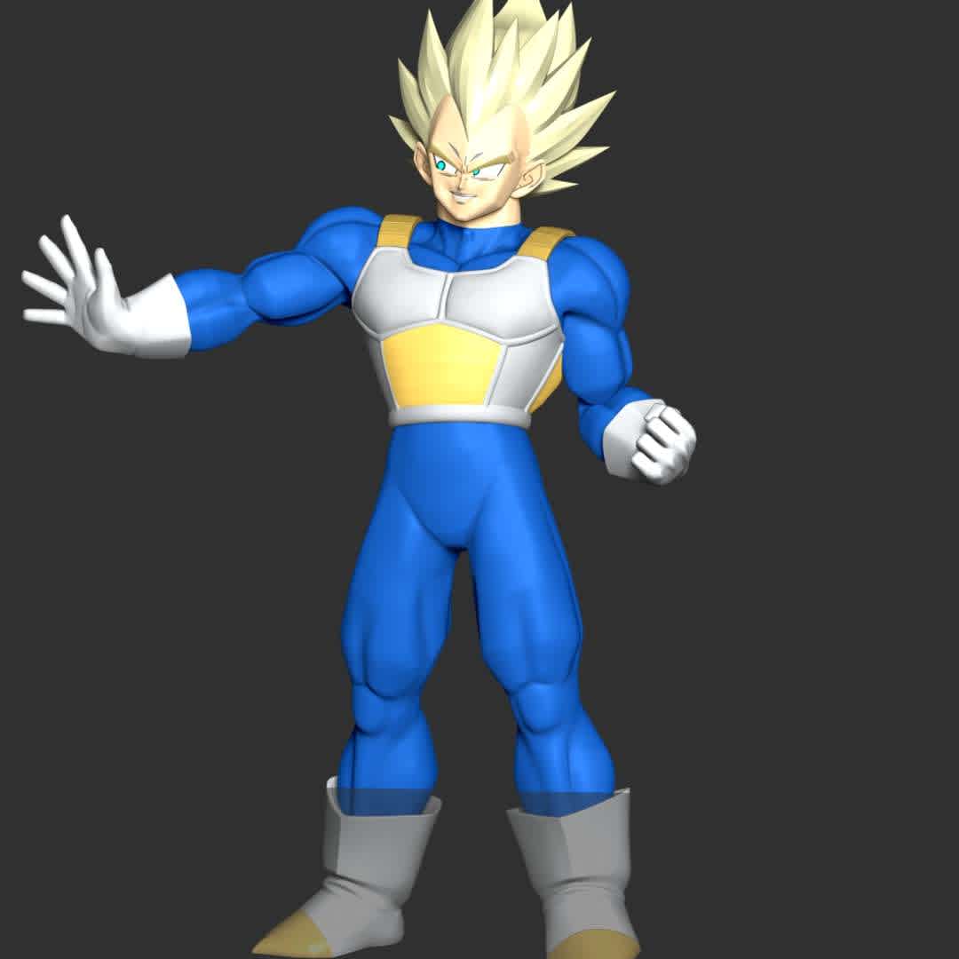  Vegeta SSJ - Dragon Ball - Vegeta is the prince of the fallen Saiyan race and the husband of Bulma, the father of Trunks and Bulla, the eldest son of King Vegeta, as well as one of the main characters of the Dragon Ball series.

These information details of this model:

- Files format: STL, OBJ (included 04 separated files is ready for 3D printing). 
 - Zbrush original file (ZTL) for you to customize as you like.
 - The height is 20 cm
 - The version 1.0 

Hope you like him.
Don't hesitate to contact me if there are any problems during printing the model - Los mejores archivos para impresión 3D del mundo. Modelos Stl divididos en partes para facilitar la impresión 3D. Todo tipo de personajes, decoración, cosplay, prótesis, piezas. Calidad en impresión 3D. Modelos 3D asequibles. Bajo costo. Compras colectivas de archivos 3D.