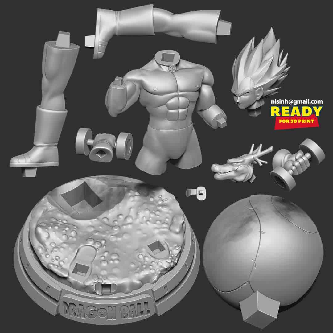 Vegeta with gym - I really like Vegeta because he constantly tries to push his limits.

When you purchase this model, you will own:

- STL, OBJ file with 10 separated files (with key to connect together) is ready for 3D printing.

- Zbrush original files (ZTL) for you to customize as you like.

This is version 1.0 of this model.

Thanks for viewing! Hope you like her. - Los mejores archivos para impresión 3D del mundo. Modelos Stl divididos en partes para facilitar la impresión 3D. Todo tipo de personajes, decoración, cosplay, prótesis, piezas. Calidad en impresión 3D. Modelos 3D asequibles. Bajo costo. Compras colectivas de archivos 3D.