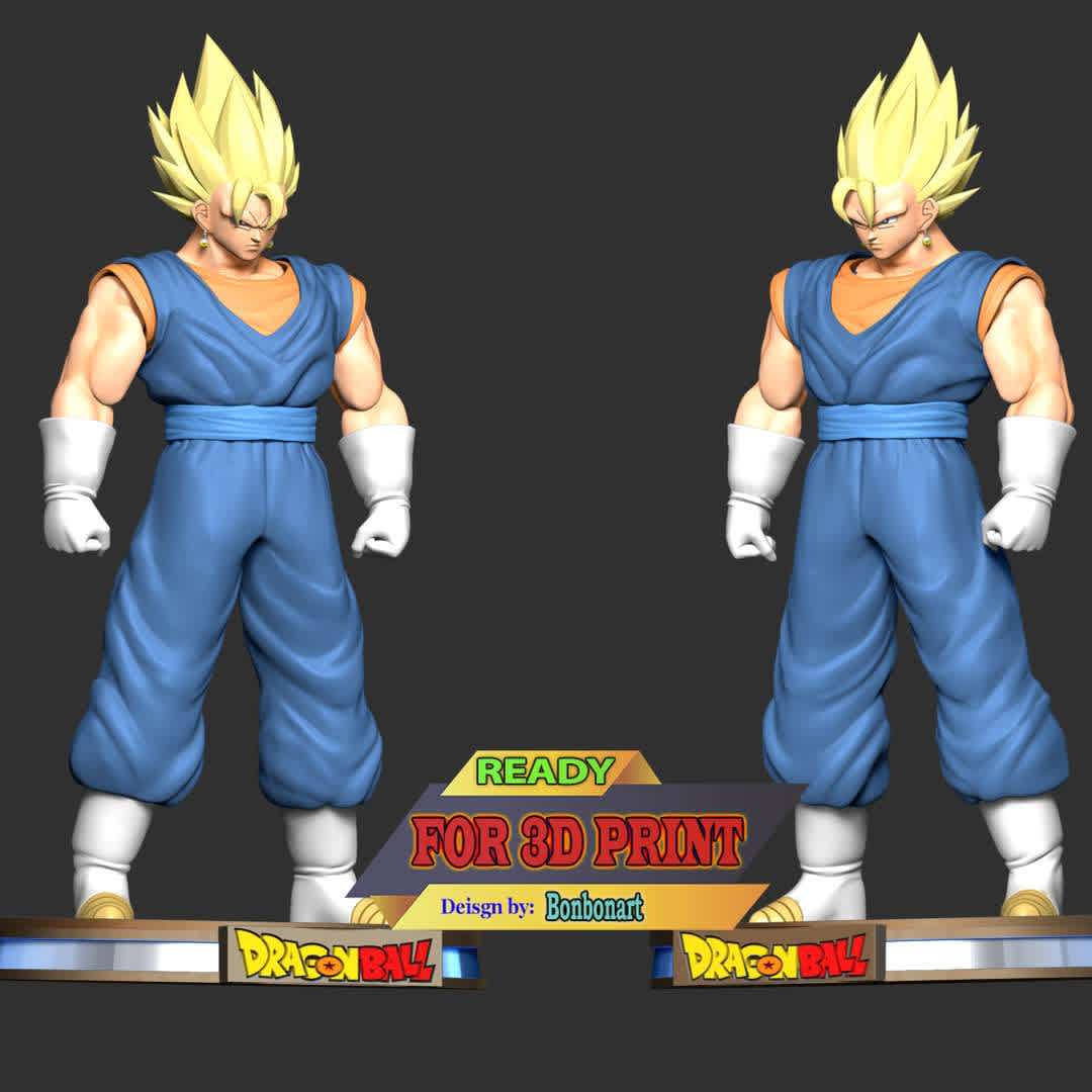 Vegetto - Dragon Ball - This model has a height of 20 cm.

When you purchase this model, you will own:

 - STL, OBJ file with 03 separated files (included key to connect parts) is ready for 3D printing.
 - Zbrush original files (ZTL) for you to customize as you like.

This is version 1.0 of this model.

Thanks for viewing! Hope you like him.  - Los mejores archivos para impresión 3D del mundo. Modelos Stl divididos en partes para facilitar la impresión 3D. Todo tipo de personajes, decoración, cosplay, prótesis, piezas. Calidad en impresión 3D. Modelos 3D asequibles. Bajo costo. Compras colectivas de archivos 3D.