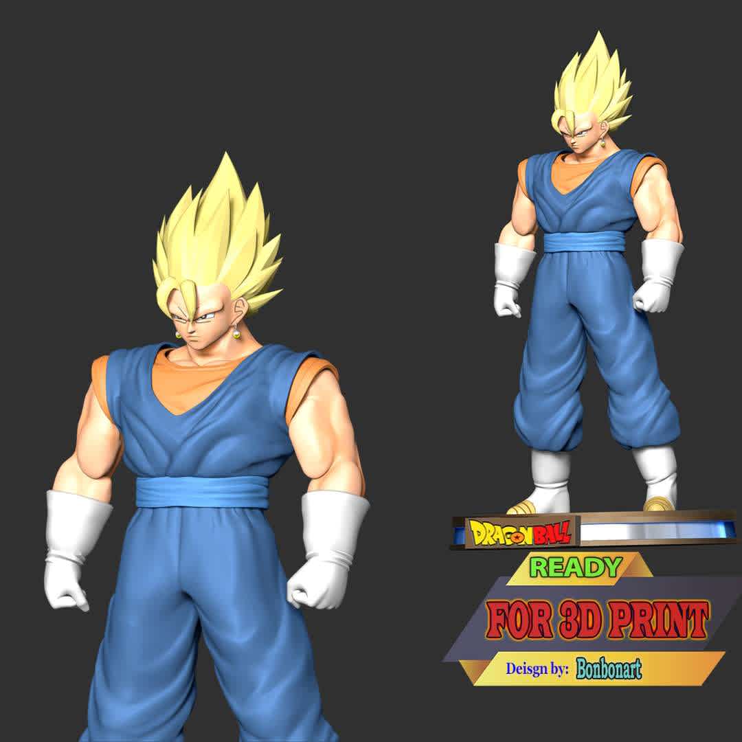 Vegetto - Dragon Ball - This model has a height of 20 cm.

When you purchase this model, you will own:

 - STL, OBJ file with 03 separated files (included key to connect parts) is ready for 3D printing.
 - Zbrush original files (ZTL) for you to customize as you like.

This is version 1.0 of this model.

Thanks for viewing! Hope you like him.  - Los mejores archivos para impresión 3D del mundo. Modelos Stl divididos en partes para facilitar la impresión 3D. Todo tipo de personajes, decoración, cosplay, prótesis, piezas. Calidad en impresión 3D. Modelos 3D asequibles. Bajo costo. Compras colectivas de archivos 3D.