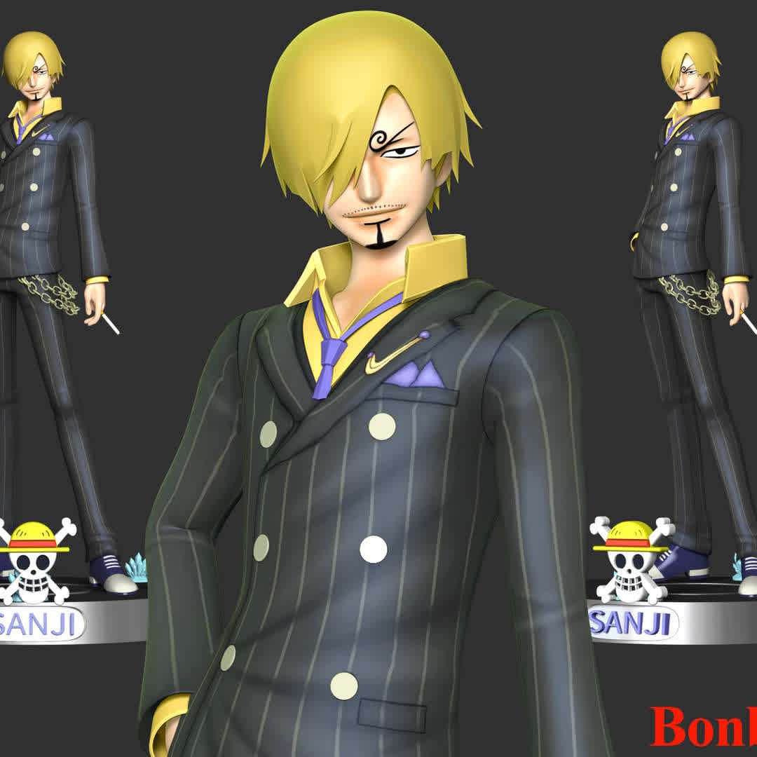 Vinsmoke Sanji - One Piece - Sanji is the cook of the Straw Hat Pirates and one of the Nine Senior Officers of the Straw Hat Grand Fleet.He is the fifth member of the crew and the fourth to join.

These information of this model:
- The model ready for 3D printing.
- The model current size is 20cm height, but you are free to scale it.
- Files format: STL, OBJ (included 04 separated files is ready for 3D printing). 
- Also includes Zbrush original file (ZTL) for you to customize as you like.

Hope you like him.
If you have any questions please don't hesitate to contact me. I will respond you ASAP. - Los mejores archivos para impresión 3D del mundo. Modelos Stl divididos en partes para facilitar la impresión 3D. Todo tipo de personajes, decoración, cosplay, prótesis, piezas. Calidad en impresión 3D. Modelos 3D asequibles. Bajo costo. Compras colectivas de archivos 3D.