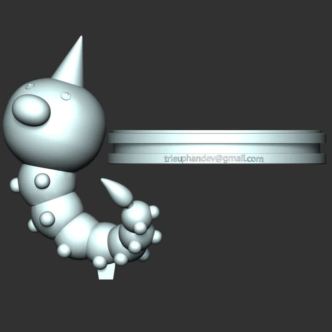 Weedle - Pokemon Go - Information: This model has a height of 12 cm.

When you download this model, you will own:
 
- STL, OBJ file with 02 separated files (included key to connect parts) is ready for 3D printing.

- Zbrush original files (ZTL) for you to customize as you like.

This is version 1.0 of this model.

Thanks for viewing! Hope you like it. - The best files for 3D printing in the world. Stl models divided into parts to facilitate 3D printing. All kinds of characters, decoration, cosplay, prosthetics, pieces. Quality in 3D printing. Affordable 3D models. Low cost. Collective purchases of 3D files.