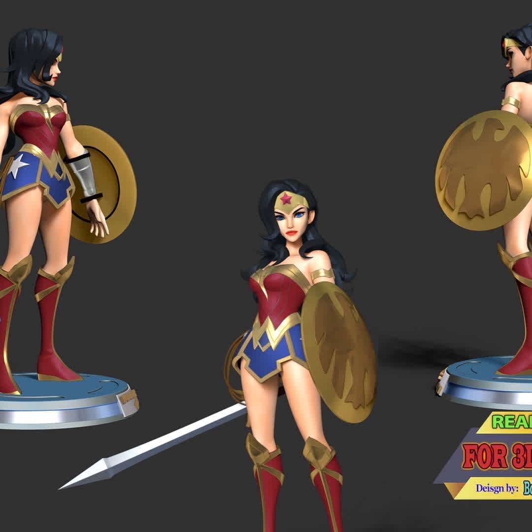 Wonder Woman - DC World Collide - This model has a height of 15 cm.

When you purchase this model, you will own:

- STL, OBJ file with 07 separated files (included key to connect parts) is ready for 3D printing.
- Zbrush original files (ZTL) for you to customize as you like.

This is version 1.0 of this model.
Thanks for viewing! Hope you like her. - Los mejores archivos para impresión 3D del mundo. Modelos Stl divididos en partes para facilitar la impresión 3D. Todo tipo de personajes, decoración, cosplay, prótesis, piezas. Calidad en impresión 3D. Modelos 3D asequibles. Bajo costo. Compras colectivas de archivos 3D.